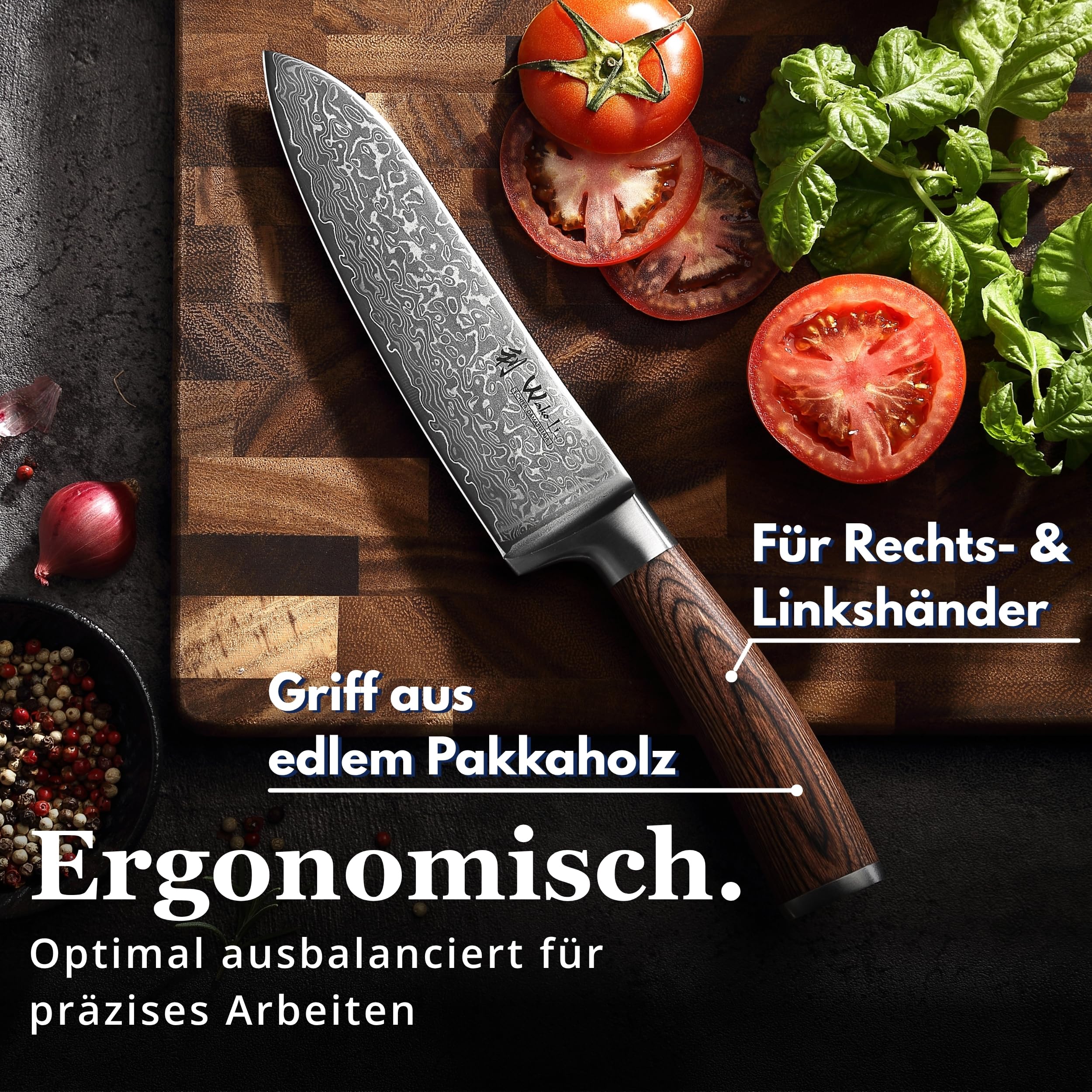 Wakoli EDIB Sakura Santoku Messer 17 cm aus 67 Lagen Damaststahl mit VG10 Kern – Scharfes Damast Kochmesser mit ergonomischem Pakkaholzgriff – Küchenmesser für Fleisch, Fisch & Gemüse in Geschenkbox