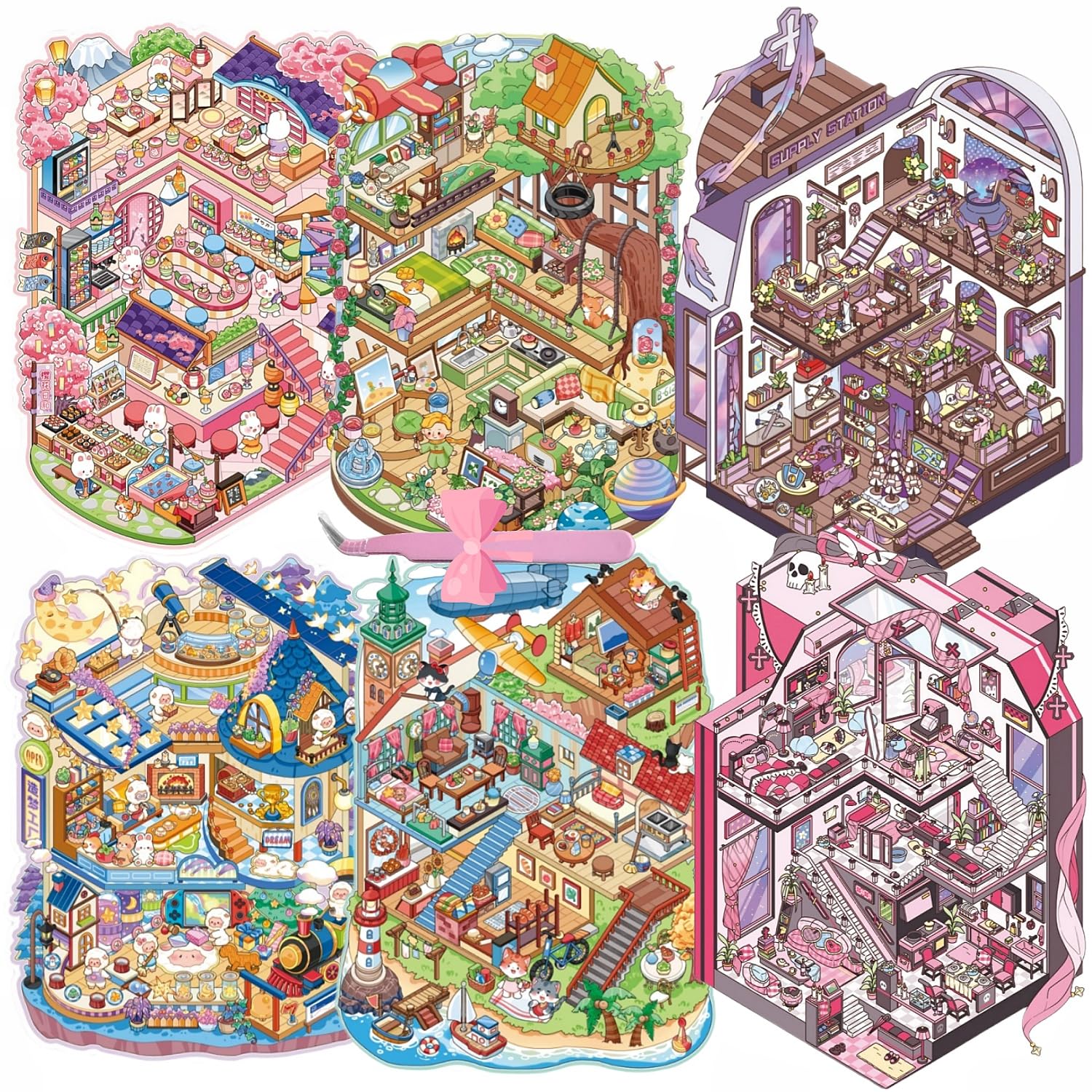 6 Sets 3D DIY Stickers Scenes with Tweezers,Make Your Own Miniature Room Mystery Shop Sleeping Elf,Cute Fun DIY 3D House Stickers for Adult Kids Relief Stress Pass The Time
