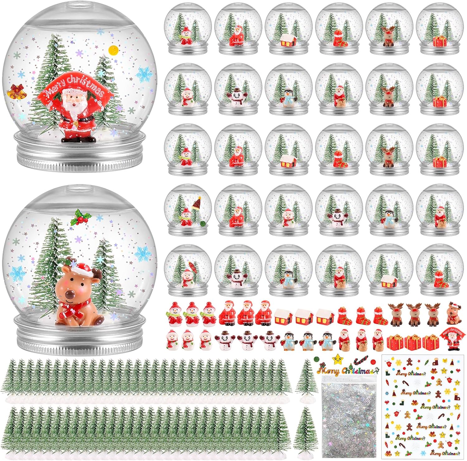 32 Pack Christmas Plastic Snow Globes Kit Includes 32 Clear Snow Globe, 64 Mini Xmas Trees, 32 Christmas fillable Ornaments, 1 Christmas Sticker with Artificial Snow for DIY Crafts Home Winter Decor