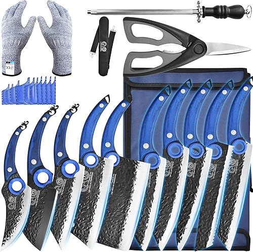 Miniatura 8 de Auténtico XYJ desde 1986 juego de 9 cuchillos forjados cuchillo de chef serbio con bolsa de rollo barra de afilador tijera cuchillo de carnicero