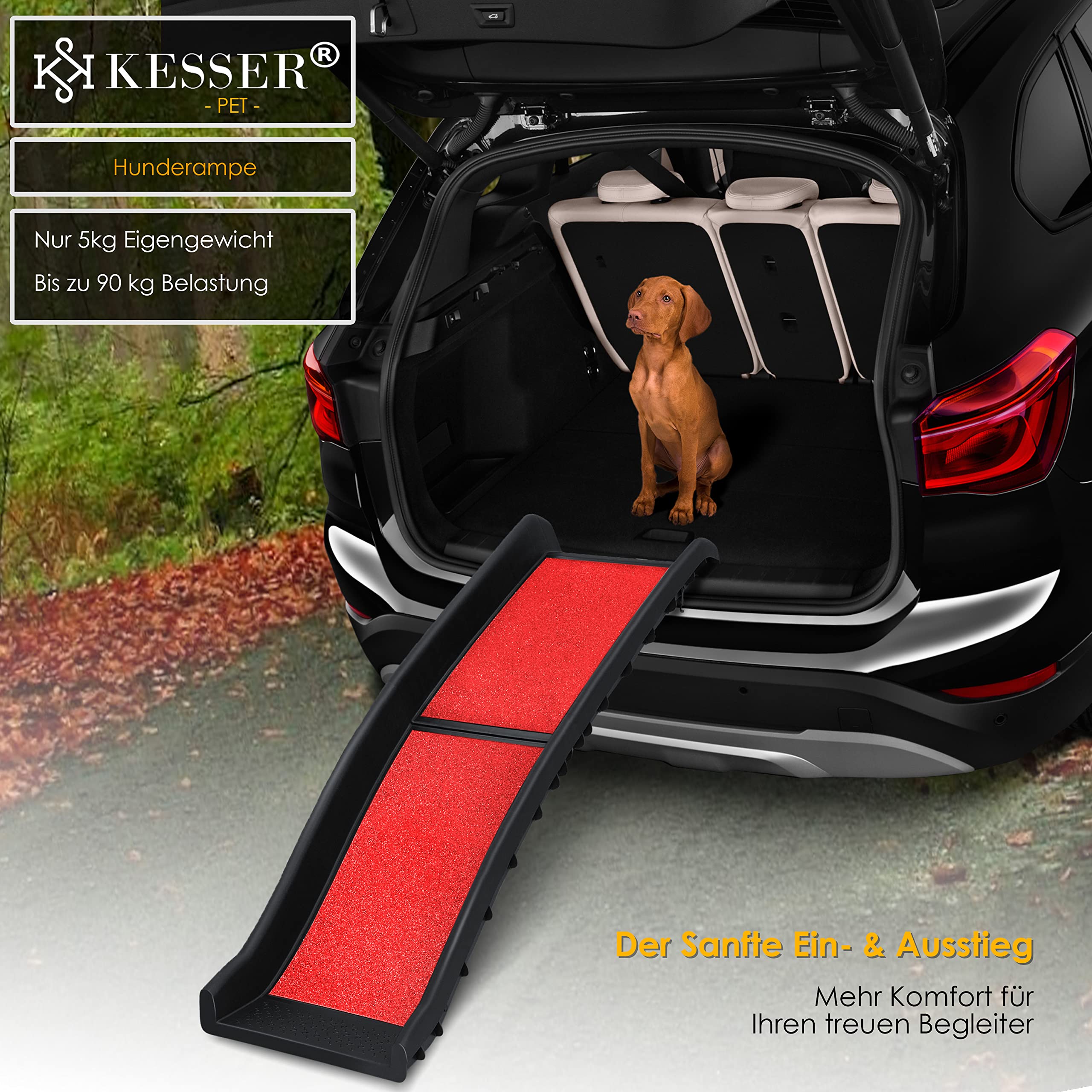 KESSER® Rampe de coffre pliable pour chien - Rampe de coffre pour animaux de compagnie - Jusqu'à 90 kg - 156 x 40 cm - Légèrement stable et antidérapante - Rouge