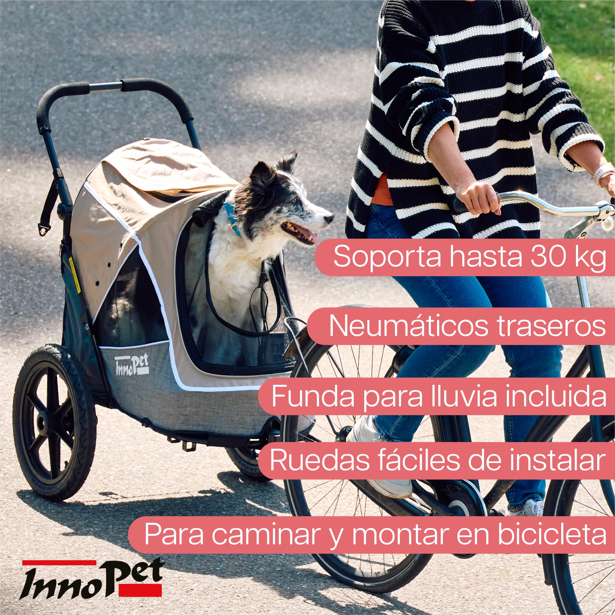 Innopet Sporty Evolution Latte - Cochecito y remolque para perros 2 en 1 beige/gris, hasta 30kg, con cubierta de lluvia, reflectores y correas de seguridad