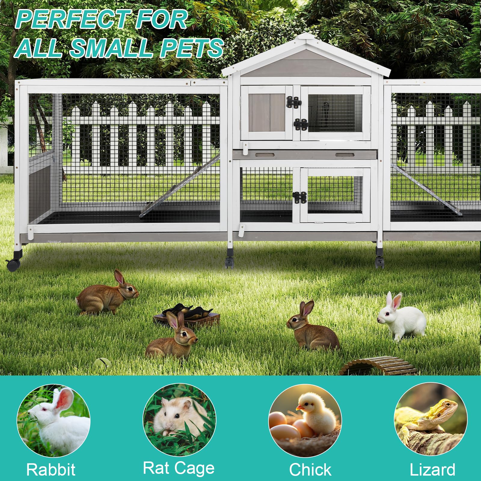 2-Tier Rabbit Hutch with Wheels, Indoor & Outdoor Small Animal Cage with Deep Pull-Out Tray, Anti-Chew Frame, Habitat for Bunny, Guinea Pig, Chinchilla (93" L x 19" W x 35" H)