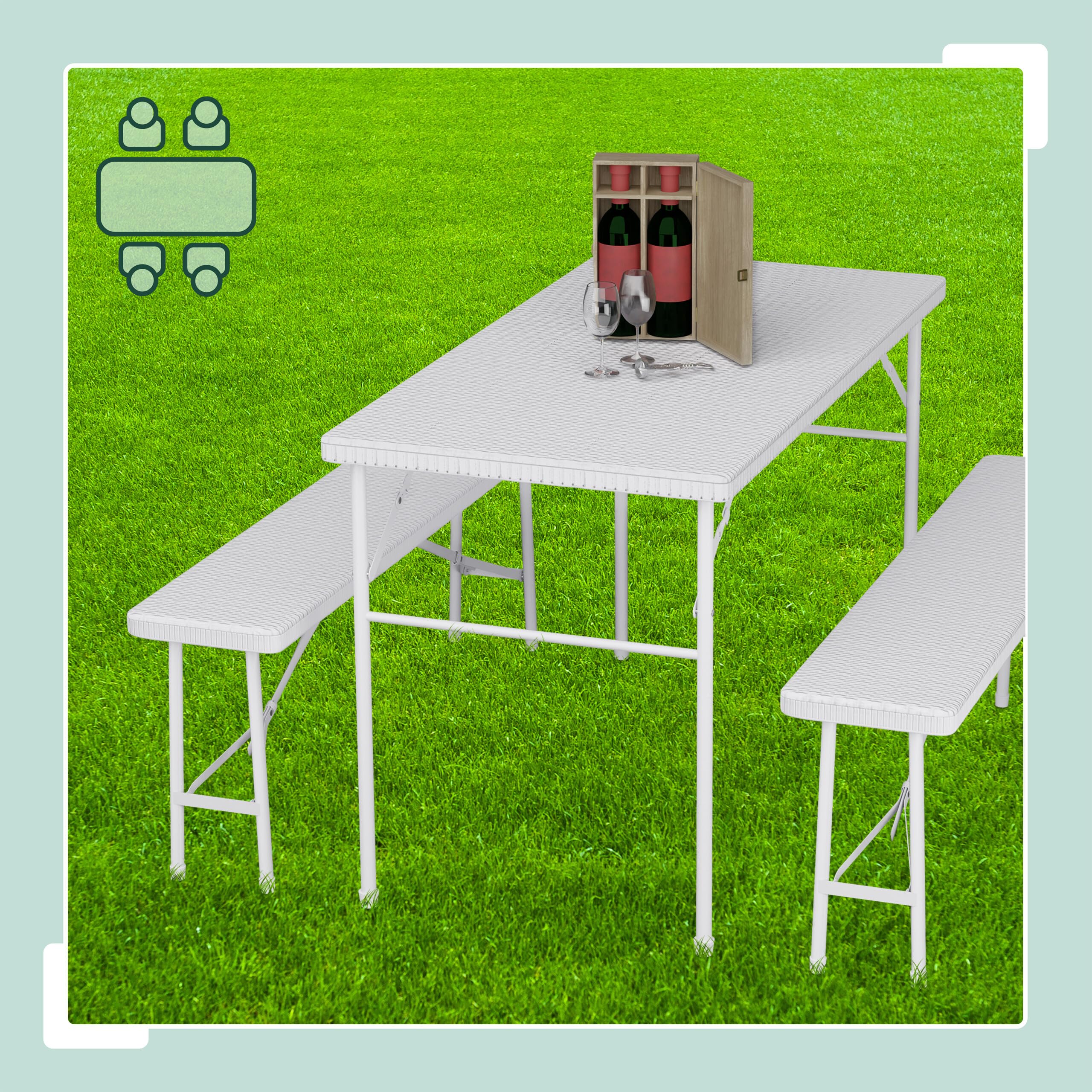 Relaxdays Tavolo da Birreria con Panche, Set da Giardino con Panchine e Tavolino Pieghevoli, Mobili Stile Rattan, Bianco