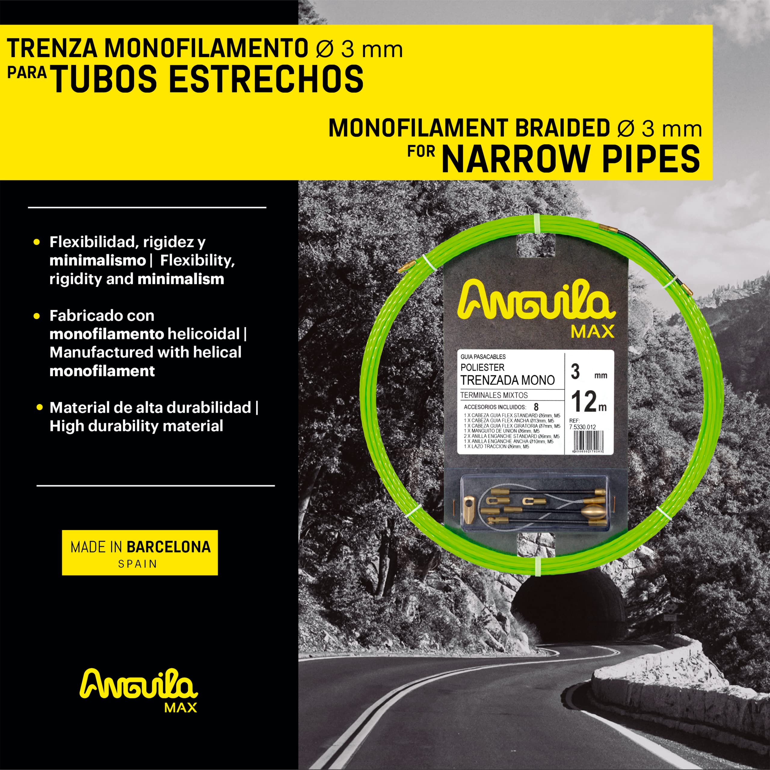 Anguila Max | Guía Pasacables | Tubos Estrechos | Monofilamento | Poliéster Trenzado | Terminales Mixtos | Color Verde | Diámetro 3mm | 12 metros