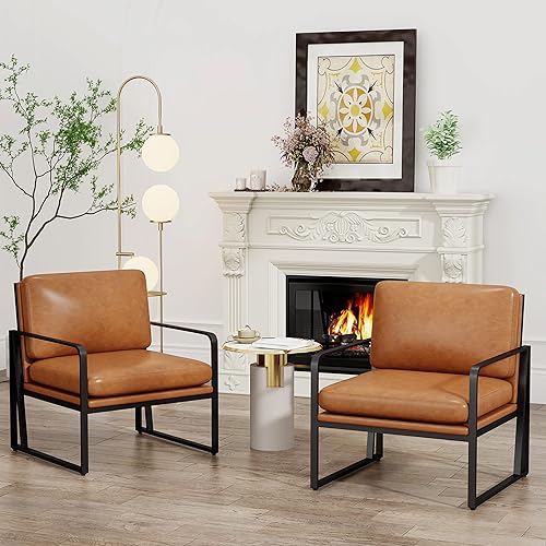Andeworld Modern Accent Chair Set of 2, Mid Century Living Room Armchair,Upholstered Faux Leather Sofa Side Chair with Metal Legs for Reading,Lounging,Bedroom Apartment,Brown 2