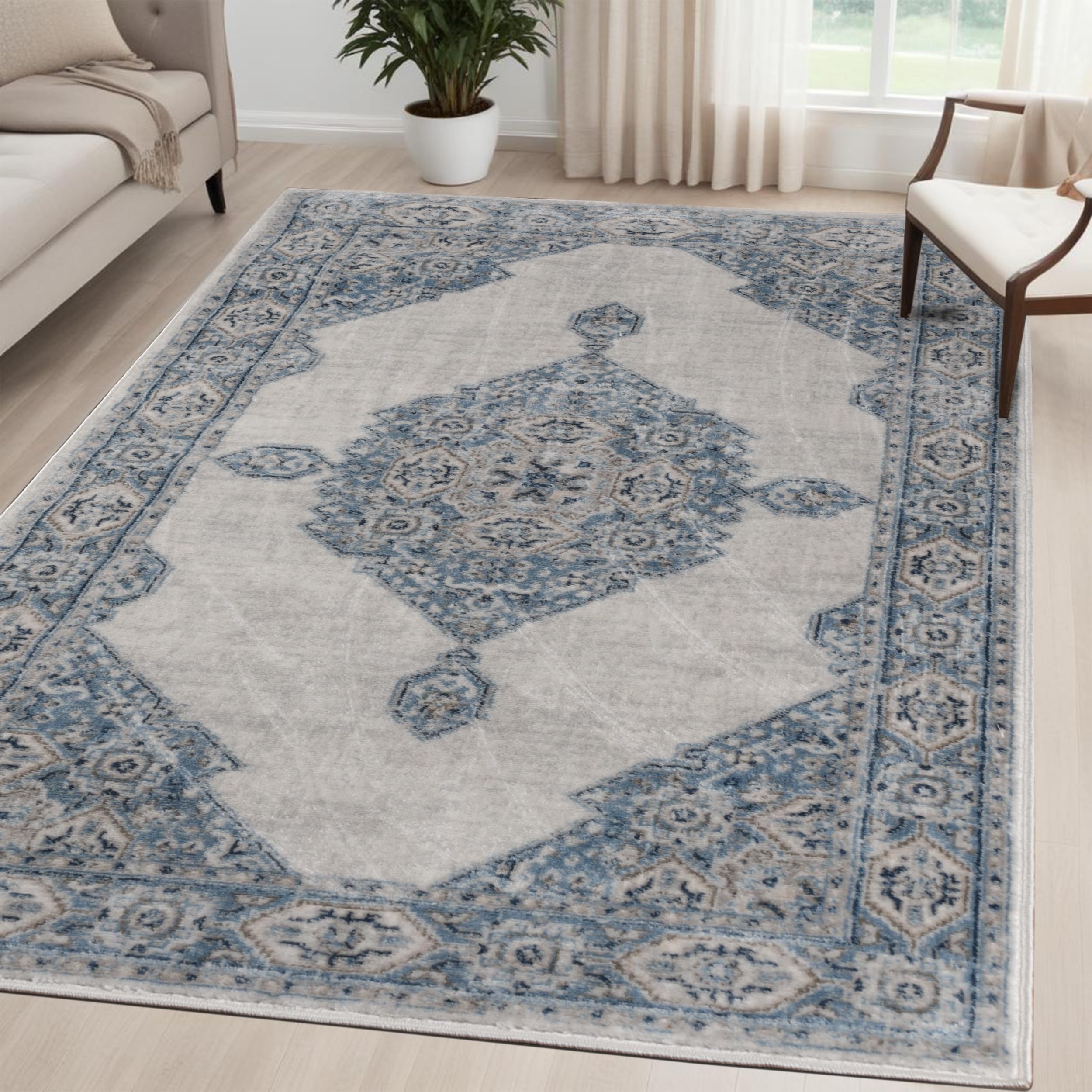 Superior Kailani Indoor Area Rug with Cotton Backing, Perfect for Hallways, Entryway, Office, Living Room, Hardwood, Tile, or Carpet Cover, Oriental Modern Floral Medallion, 10' x 14', Blue-Cream
