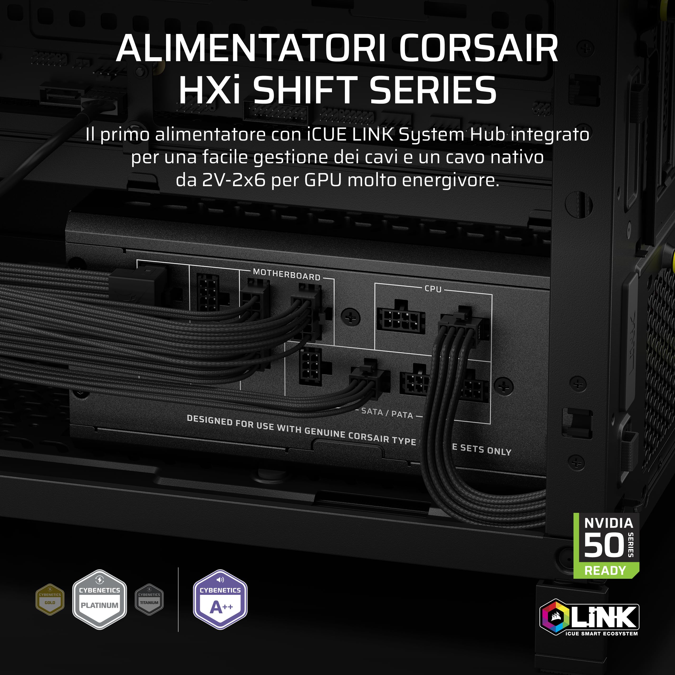 CORSAIR HX1200i SHIFT Alimentatore ATX completamente modulare – Nero | Hub di sistema iCUE LINK integrato, cavo nativo 12 V 2x6, ATX 3.1 e PCIe 5.1, Cybenetics Platinum