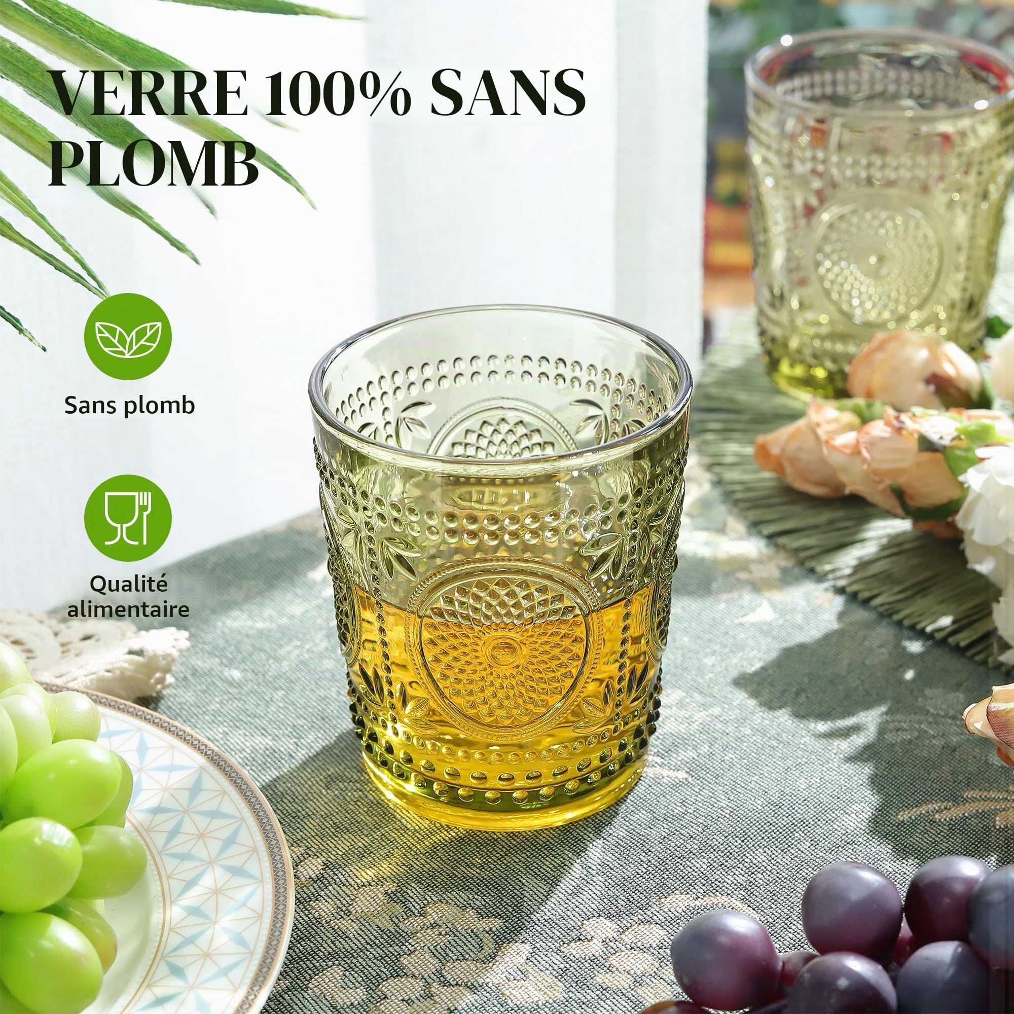 Joeyan Lot de 6 Verres à Eau Vert,320ml Verres à Jus et Soda,Vintage Verre à Boire Design en Tournesol Floraux Relief,Verre de Table Pour Eau Gazeuse Orangeade Apéritif et Bière,Lavable Lave-Vaisselle