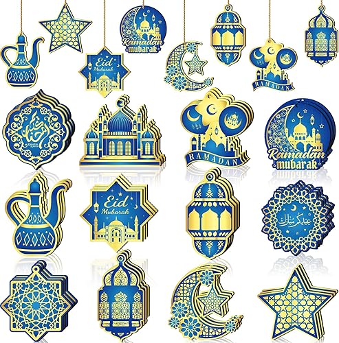 36 adornos de Ramadán de madera Eid Mubarak para colgar en castillo, farol de luz, estrella y luna, adornos para árbol de Navidad, decoración de