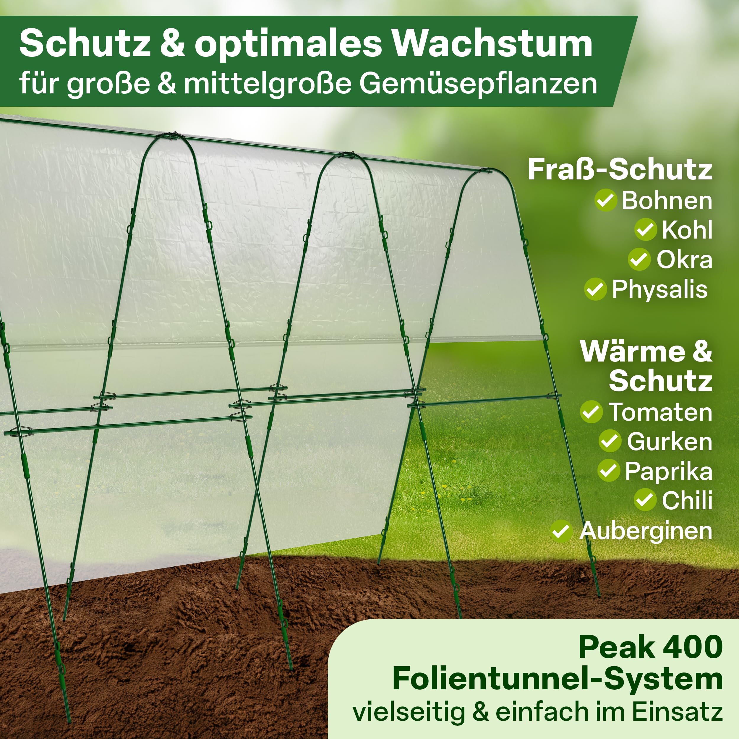 TTL GARDEN Peak XXL 400 - Túnel para plantas con lámina | - Cubierta para plantas grandes de 2 m de alto, 1,20 m de ancho, 4 m de largo, sistema de arcos de túnel, acero inoxidable
