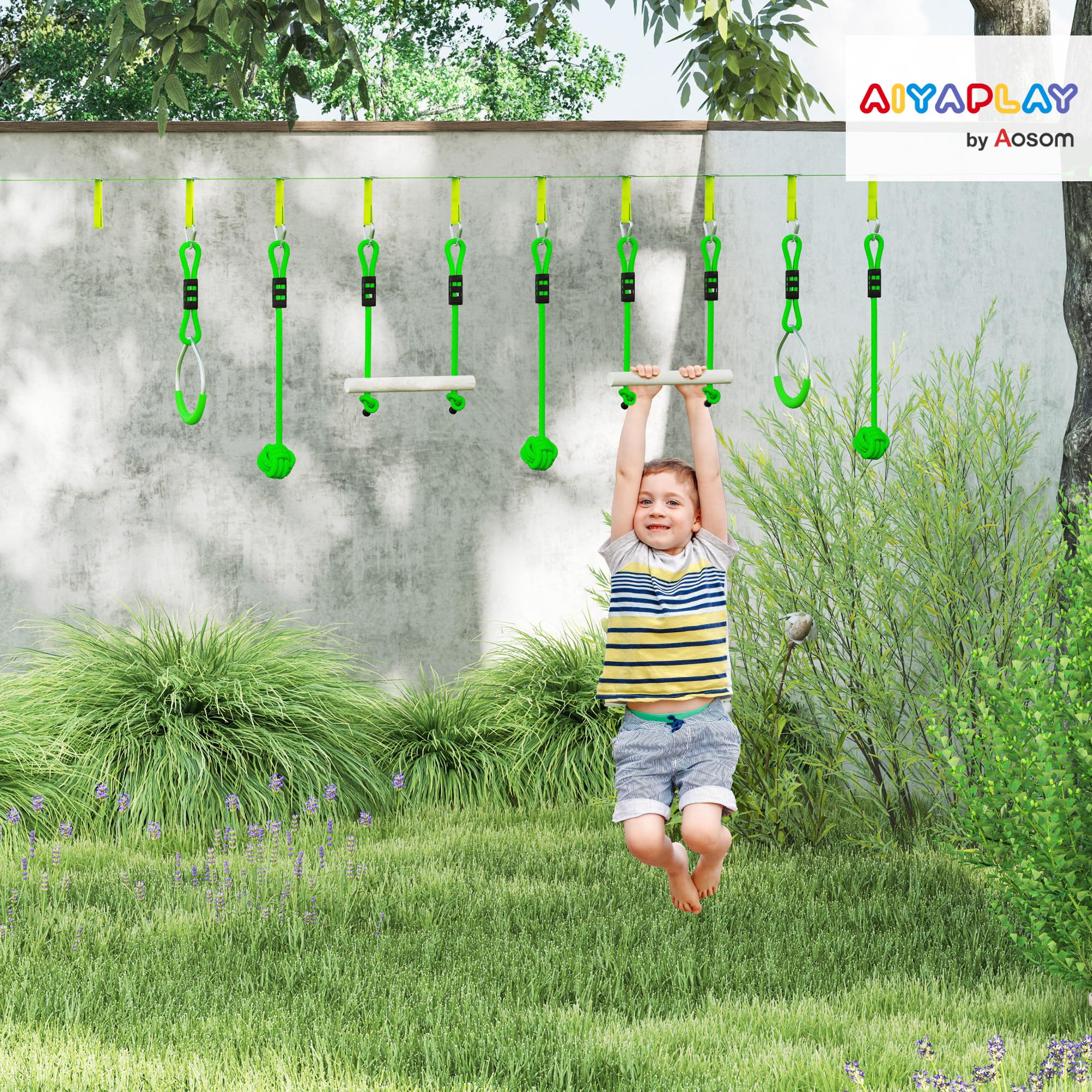 AIYAPLAY Parcours d'obstacles Ninja pour Enfants 10 m Charge 50 kg Slackline et Sac de Transport, équipement de Jeu extérieur pour Filles et garçons, Installation Facile, Bois de Sapin et PP, Vert