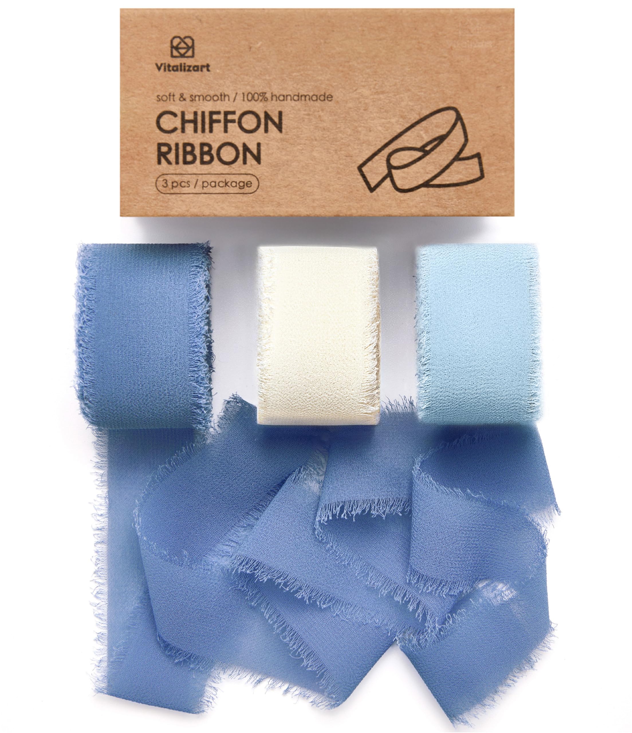 Vitalizart Chiffon Ribbon 1" x 21 Yd Blue & White, Fabric Frayed Fringe Package (3 Rolls x 7 Yd), Silky Ribbon for Wedding Invitation, Bridal Bouquet, Decoration, Gift Wrapping, Bow Making
