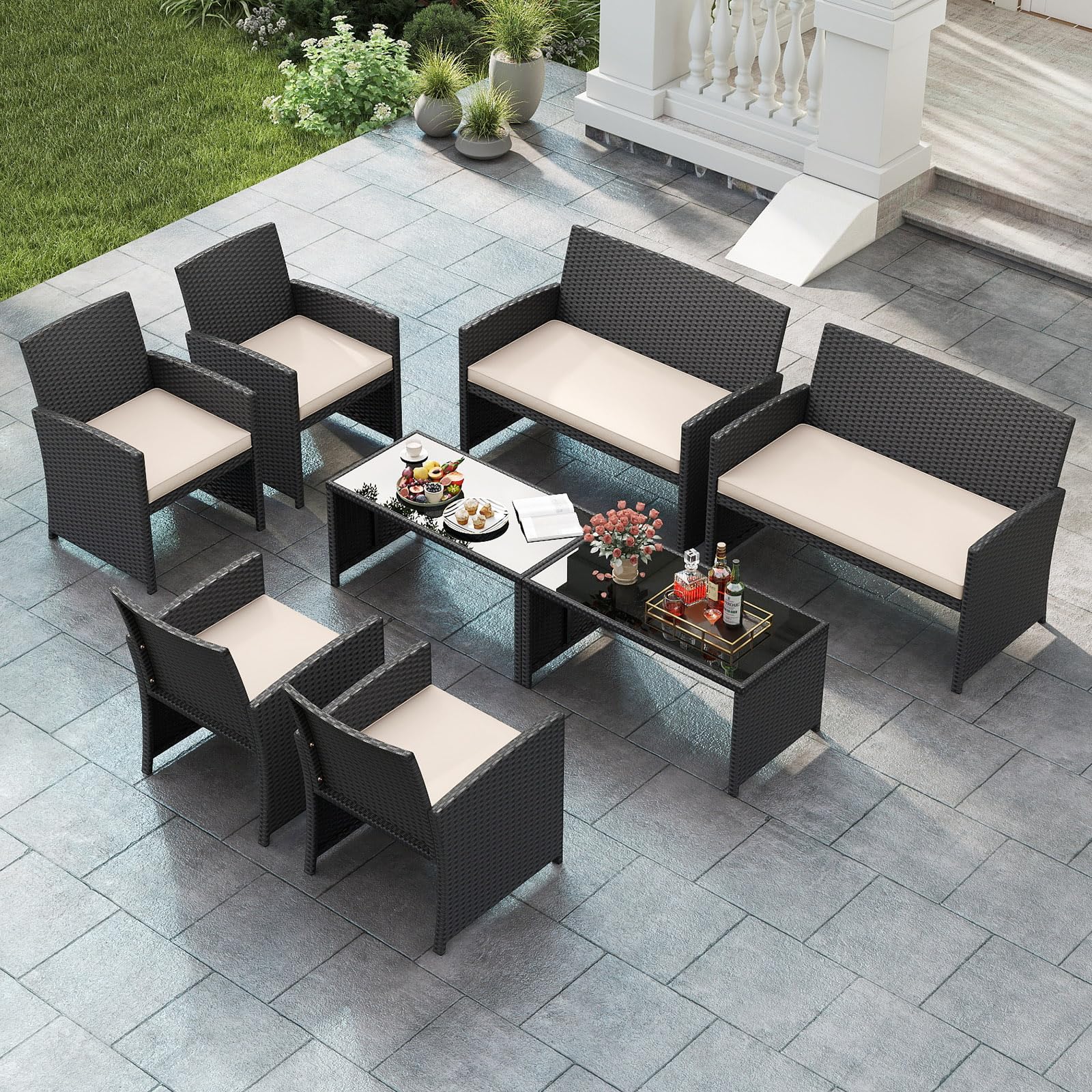 SOARS Gartenmöbel Set aus Polyrattan, Balkonmöbel mit 2 Sesseln, Zweisitzer, Glas-Couchtisch & 4 Sitzkissen, Lounge Möbel Outdoor für 4 Personen für Tarrasse, Balkon & Garten (Schwarz+Beige)