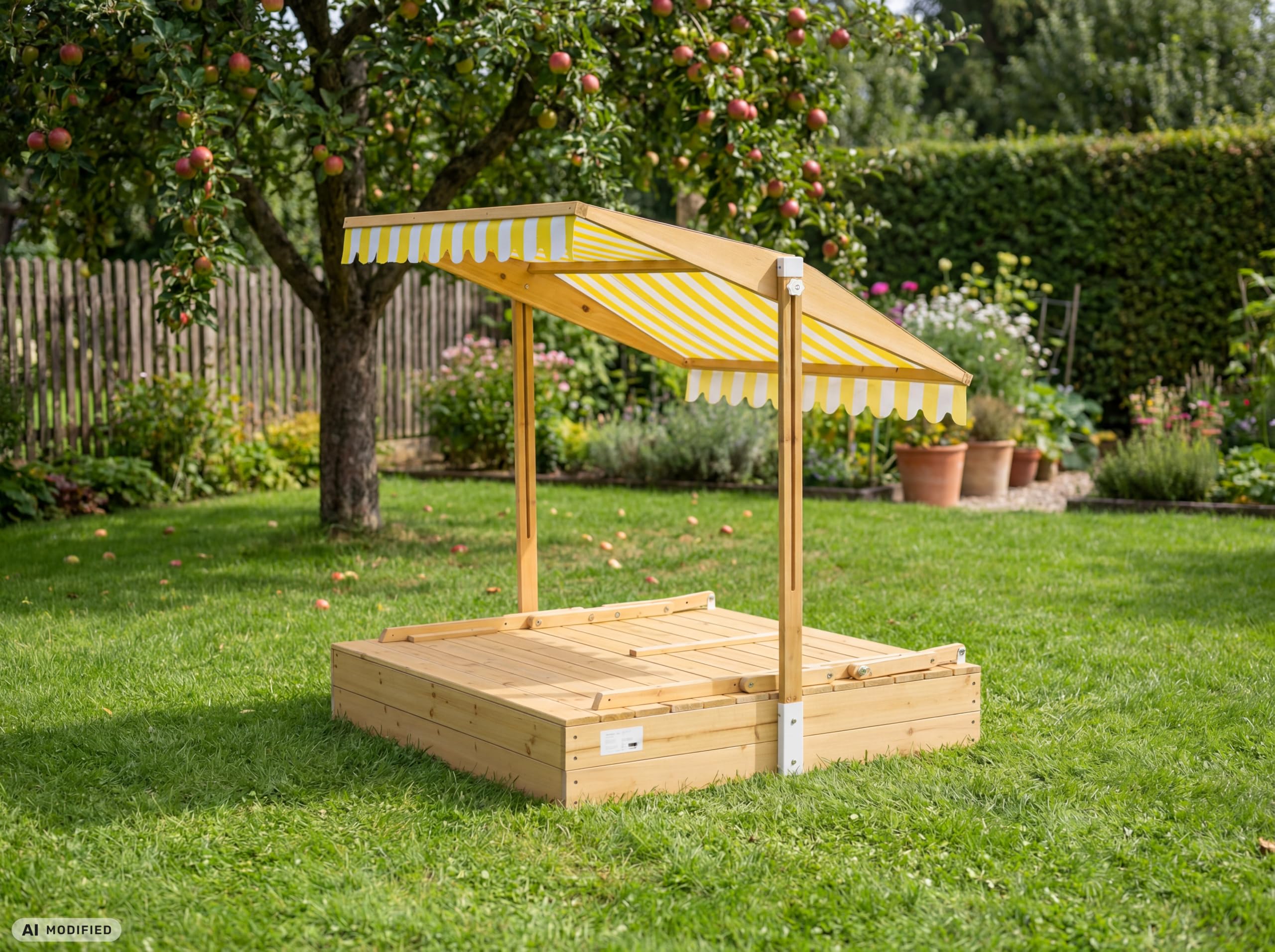needs&wants® Bac à sable en bois avec table de pique-nique et toit, bancs et couverture, bac à sable pour enfants avec couvercle rabattable, protection UV, bac à sable carré pour jardin et aire de
