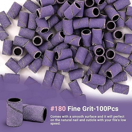 Miniatura 218 de MelodySusie 100 unidades de brocas de uñas, bandas de lijado para taladro de uñas, 120 bandas de lijado de lima de uñas de grano medio para uñas