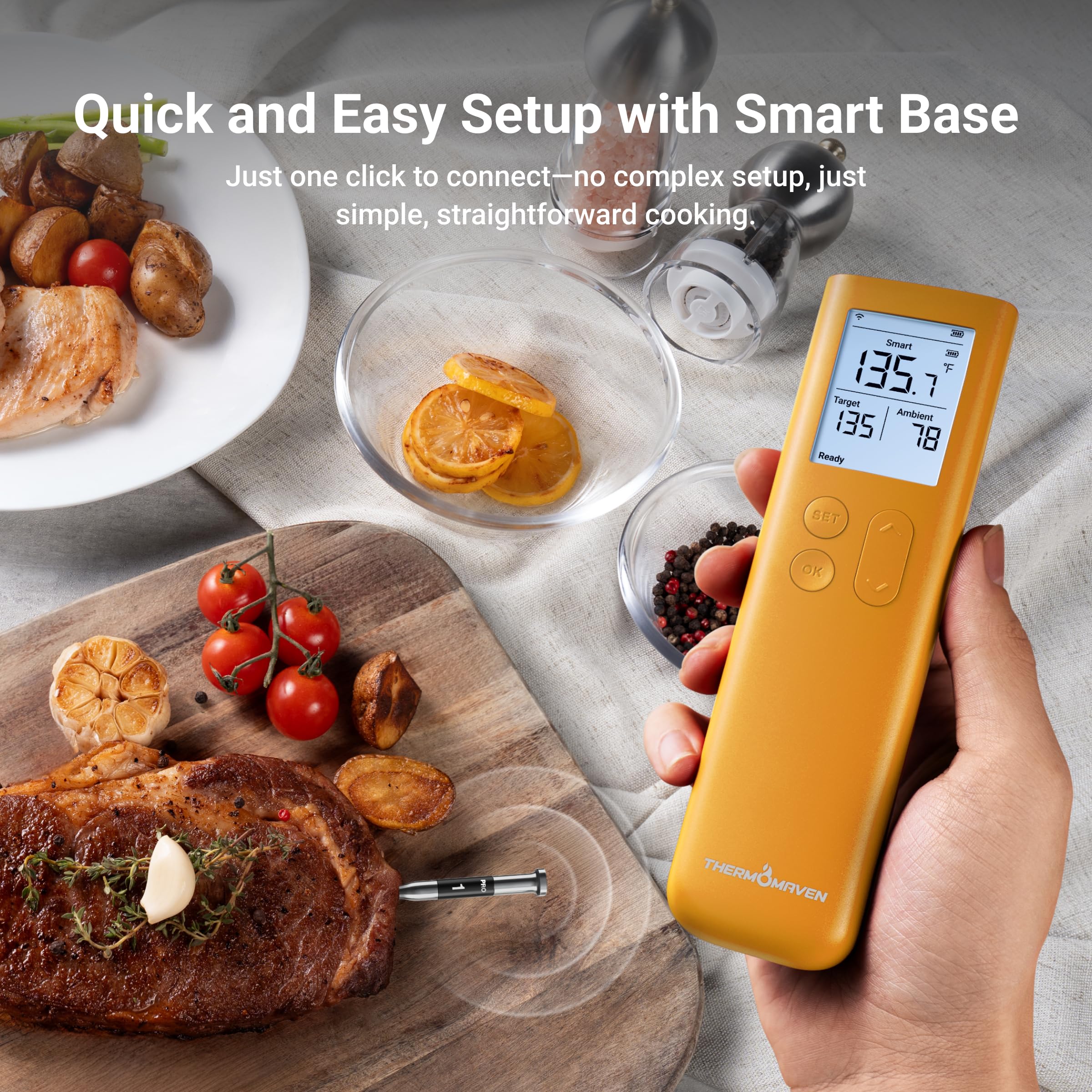 ThermoMaven Smart Bluetooth Termómetro Inalámbrico para Carne Sub-1G Estabilidad de Señal Base, Exactitud Certificada ± 0,3 °C, Alcance Wifi para Barbacoa, Horno, Ahumador, Barbacoa, Amarillo Dorado