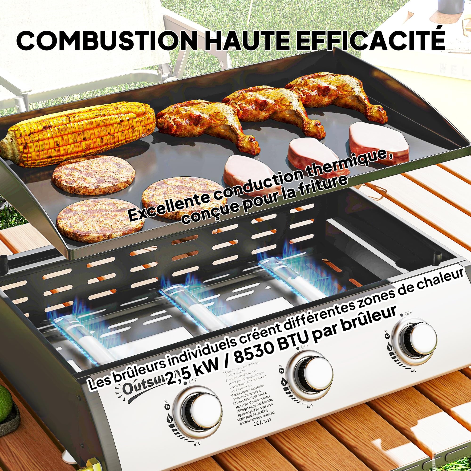 Outsunny Plancha Gaz 3 Brûleurs 7,5kW avec Couvercle Surface 61x35,5cm Noir | Gaz Liquéfié/Propane, Portable pour Extérieur, Jusqu'à 6/8 Convives
