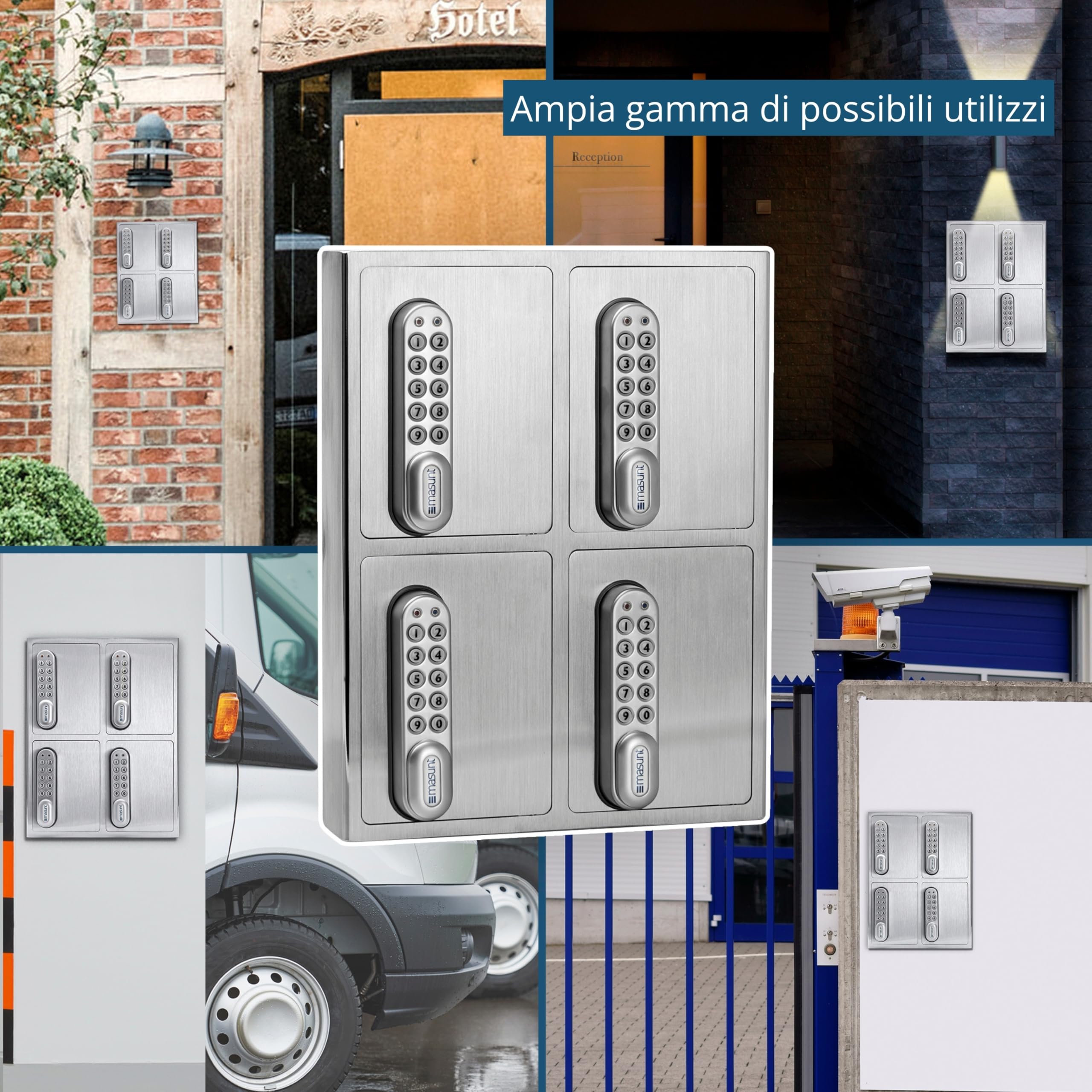 masunt cassaforte per chiavi 1420 E Code | Innovativa assegnazione online del codice a distanza | cassaforte elettronica per chiavi in acciaio inox V2A massiccio | 4 scomparti | antieffrazione