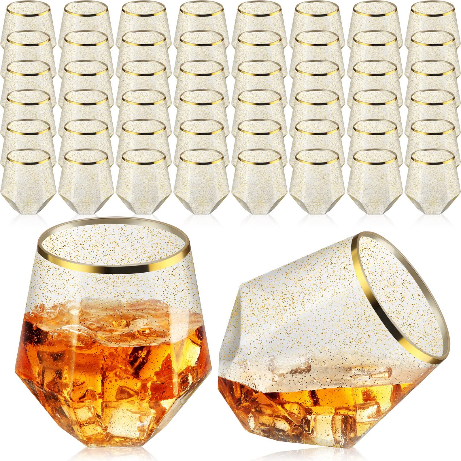 Photo 1 of 48 Pcs Stemless Wine Glasses 12 oz Gold Rim Plastic Wine Whiskey Cups Diamond Shaped Glitter Plastic Cocktail Glasses Fancy Disposable Cups for Housewarming Birthday Weddings Valentine New Year