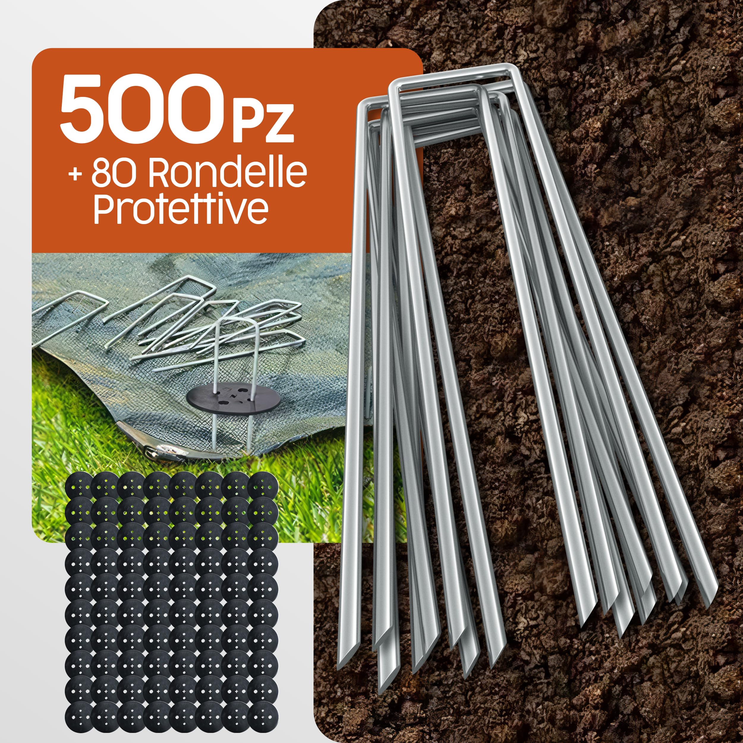 PORTENTUM Picchetti da Giardino 500 pz + 80 Rondelle - Picchetti Telo Pacciamatura, Picchetti Ancoraggio per Campeggio e Prato Sintetico, Resistenti in Acciaio Zincato
