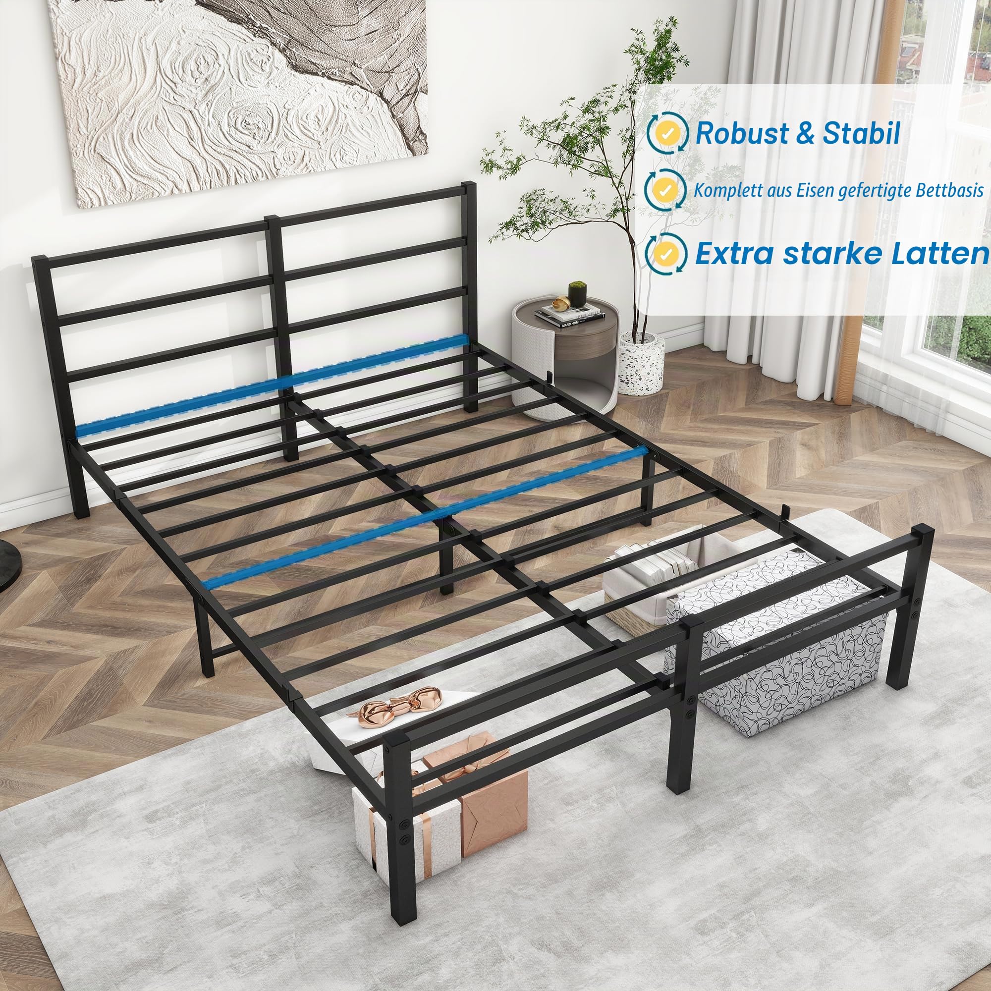 Metallbett 140x200 cm Bettrahmen mit Kopfteil und Fußteil, Bett für Erwachsene, Gästebett Doppelbett Schwarz