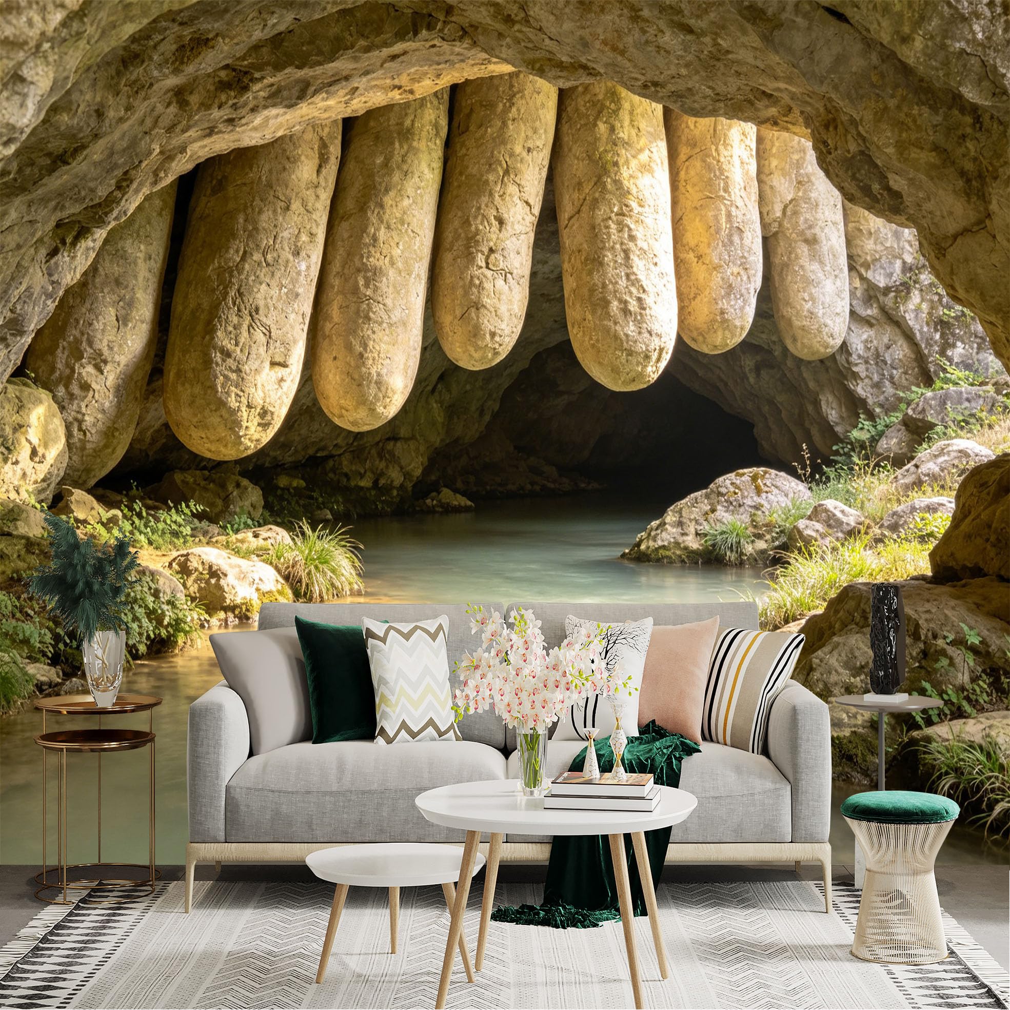 Lnzczhyre Dbh260521052 Custom Size Wall Sticker Mural， Natural Stone Cave， Limestone Formation， Underground River， Geological Landscape， For Wall Decoration， Peelandstick Wall Decals.