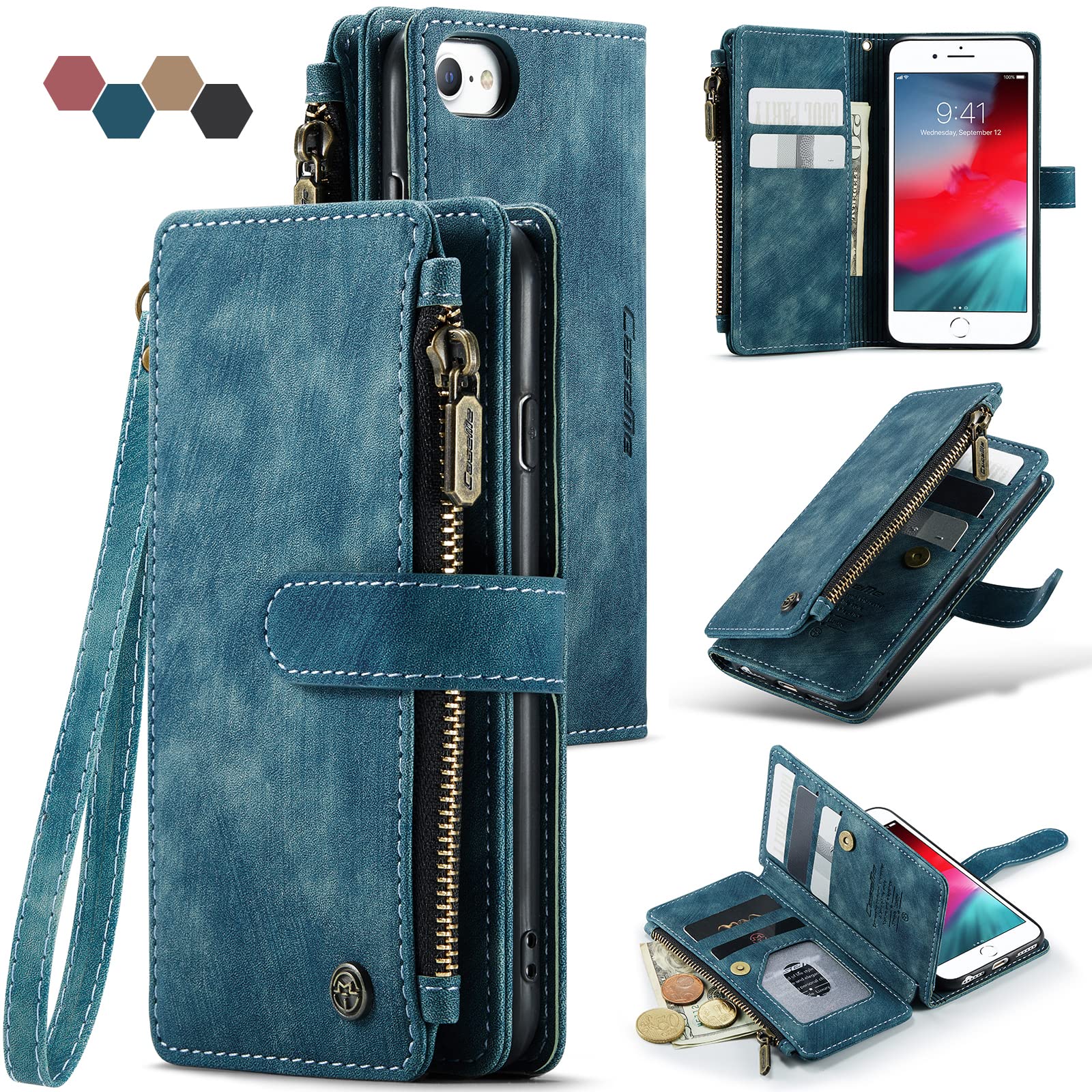 Lxisxcna iPhone SE 2022/SE 2020/iPhone 8/iPhone 7 Wallet Case with Card Holder Kickstand Magnetic Zipper Pocket Lanyard Strap Wristlet,Leather Flip