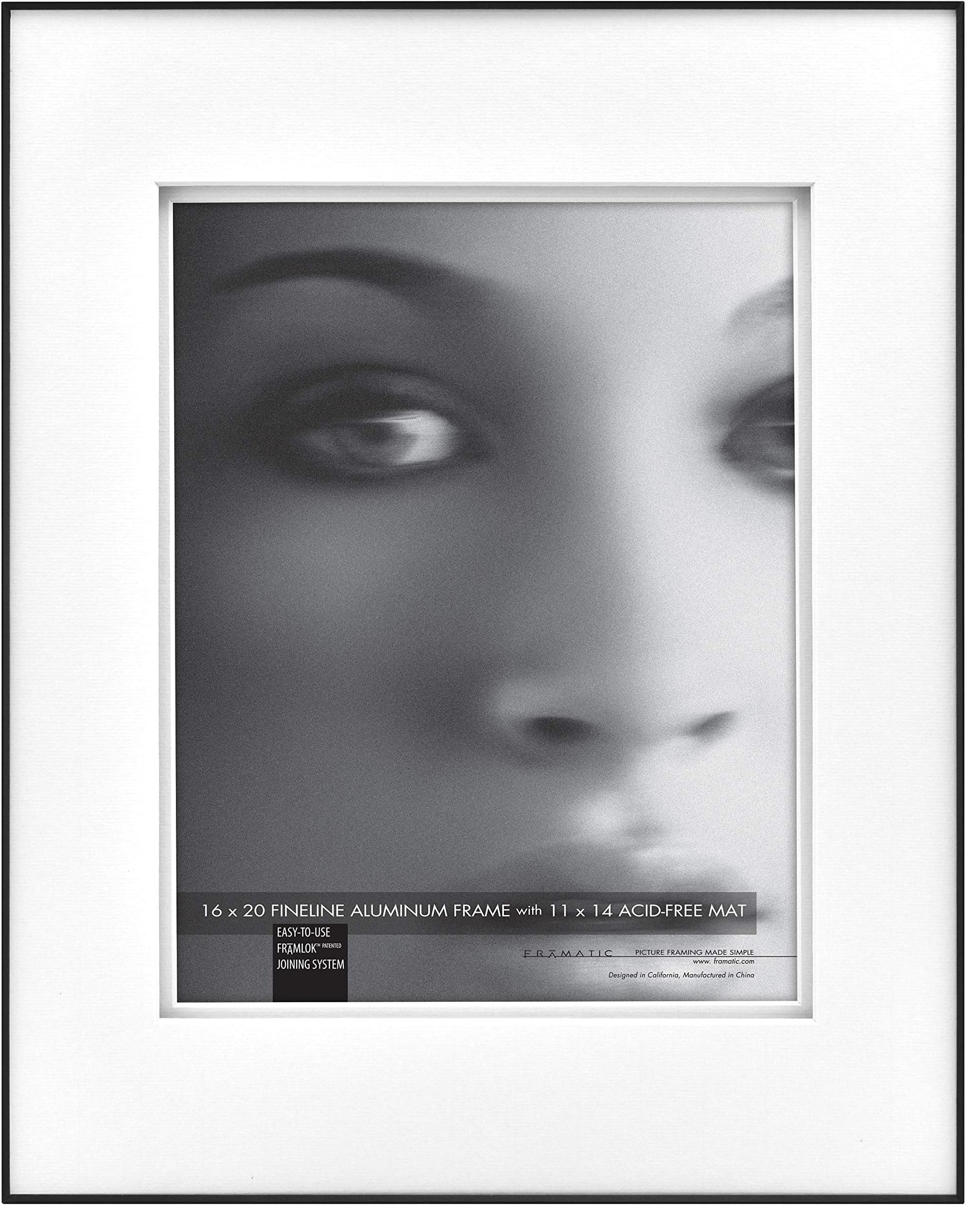 MCSFramatic Fineline Aluminum Frame, Black, 16 x 20 in double matted to 11 x 14 in, Single