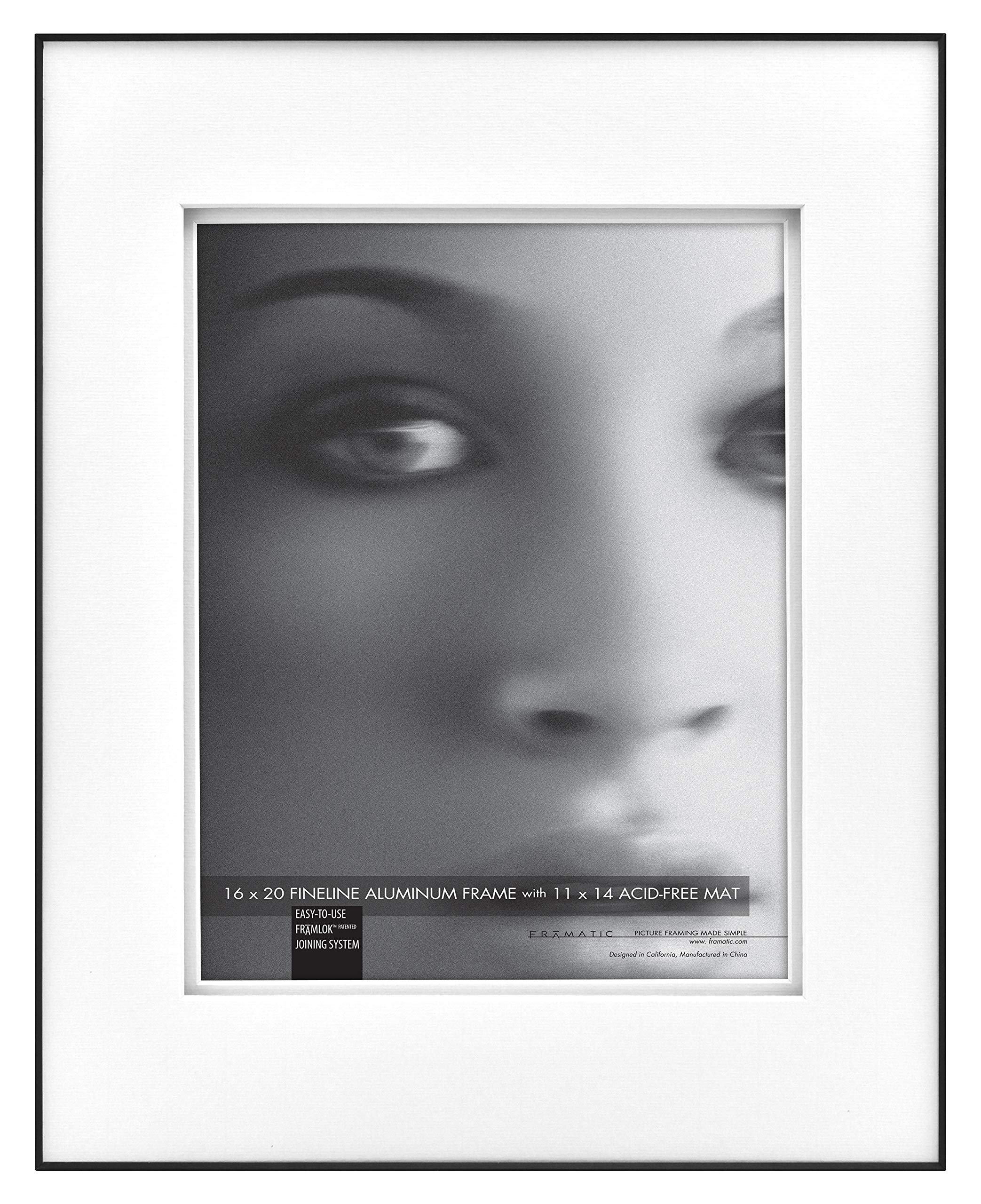 MCSFramatic Fineline Aluminum Frame, Black, 16 x 20 in double matted to 11 x 14 in, Single