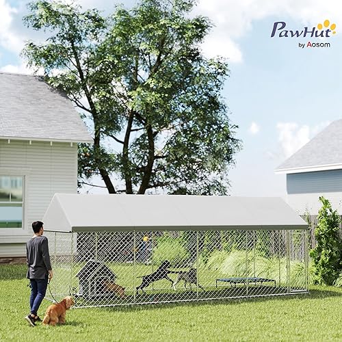 Miniatura 11 de PawHut Perrera para perros al aire libre, 20 x 7.5 x 5.2 pies, perrera grande resistente para dos habitaciones exteriores con techo impermeable