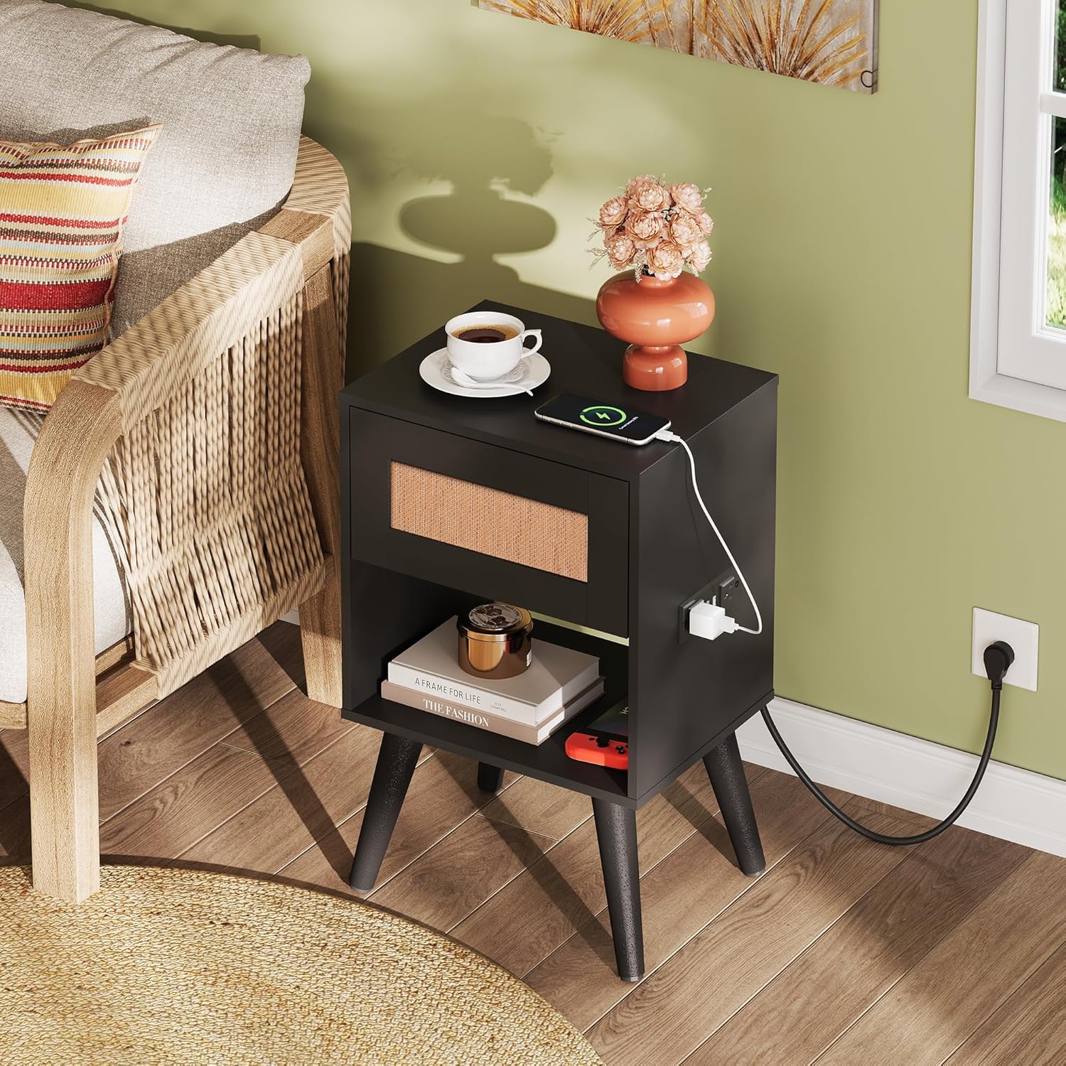 WLIVE Black Rattan Night Stand with Charger Station, Small Side Table Drawer Storage and Shelf, Mid Century Nightstands with Rattan Decor, Small Side Table for Bedroom, Black