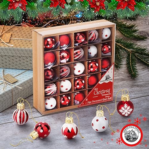 Miniatura 5 de Juego de 25 bolas de cristal de menta roja y blanca de 1 pulgada, adornos de árbol de Navidad en miniatura, decoraciones rústicas de Navidad, mini