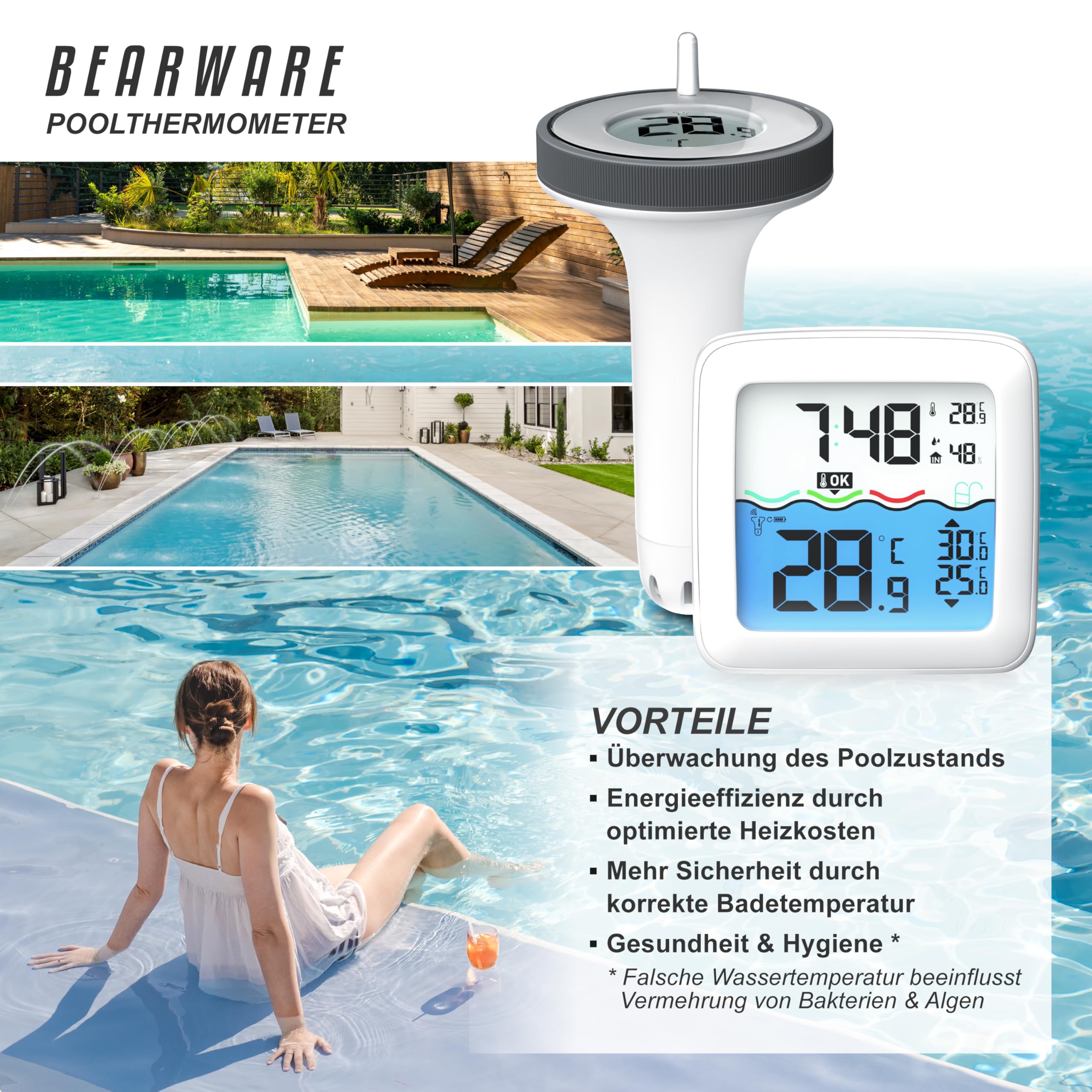 CSL - Poolthermometer Funk digital – Basisstation mit Schwimmer – Wassertemperatur Innentemperatur Luftfeuchtigkeit - DCF Uhrzeit – Pool Thermometer schwimmend mit bis 60 m Reichweite