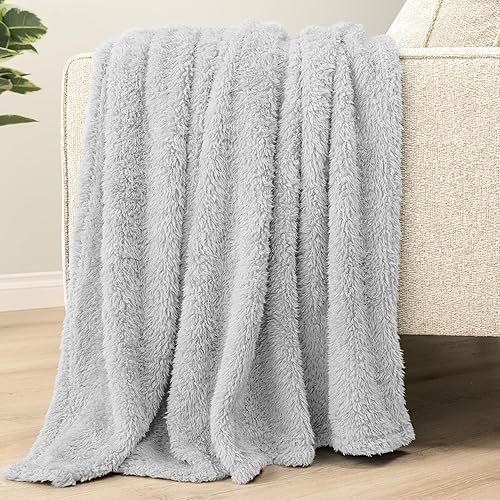 Miniatura 6 de Pavilion - Manta de cama Sherpa tamaño Queen, felpa gris claro, suave, acogedora, microfibra esponjosa, mullida para todas las estaciones, 90 x 90