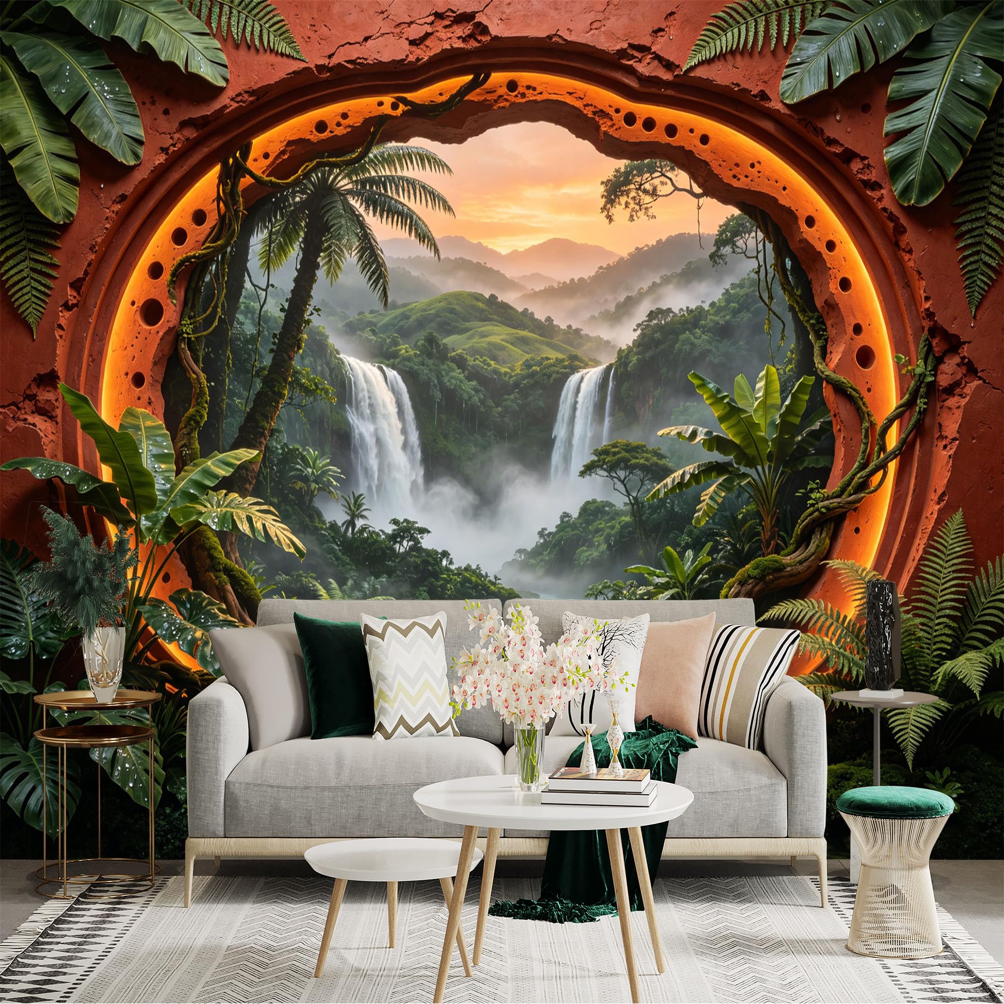 Custom Size Wall Sticker Mural， Tropical Jungle Waterfalls with Sunset， River and Lush Green Plants， for wall Decoration， peelandstick wall Decals.