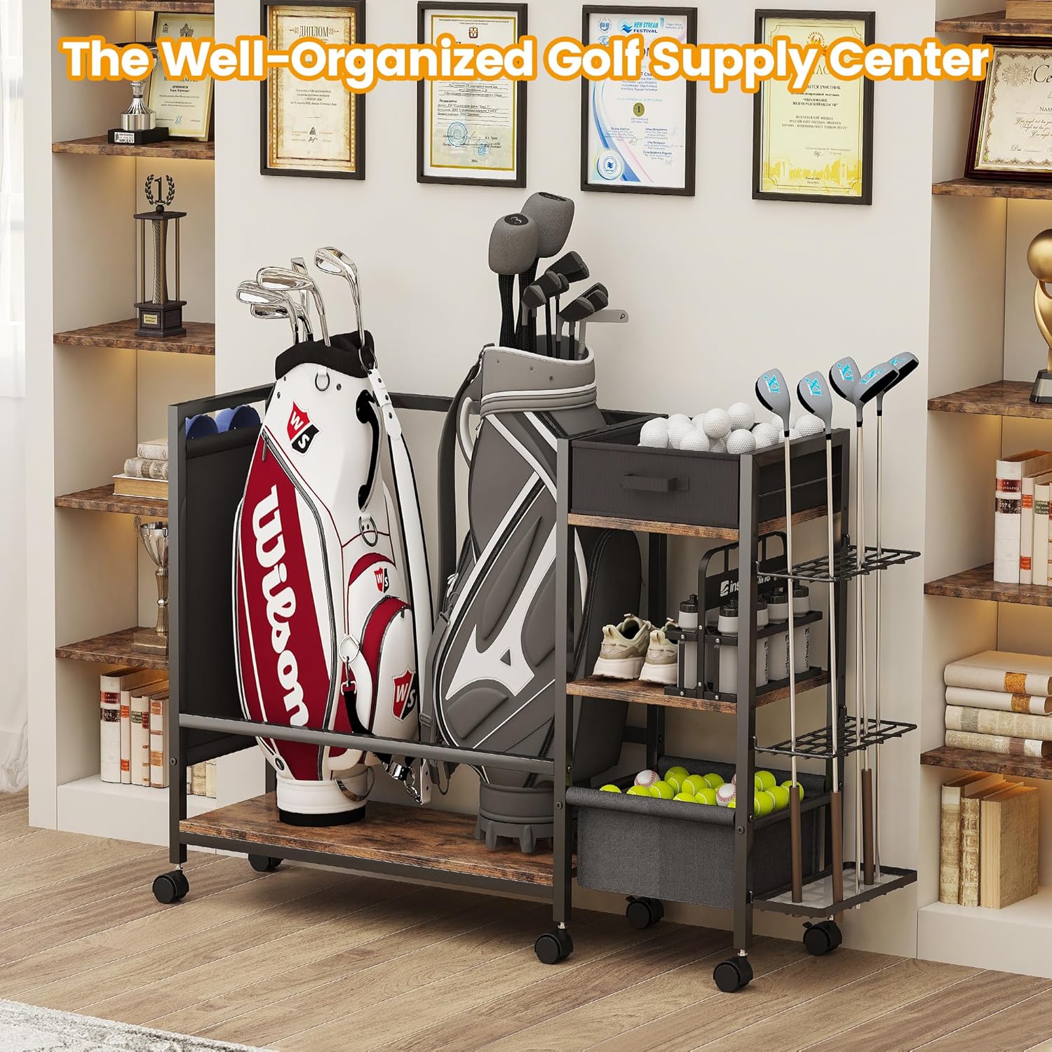 Golf Bag Storage Organizer for Garage, Golf Organizer with Extra Golf Rack and Side Fabric Bag for 20 Golf Clubs & Golf Essentials, Golf Bag Stand for Golf Bag Accessories, Ideal Golf Gifts for Men