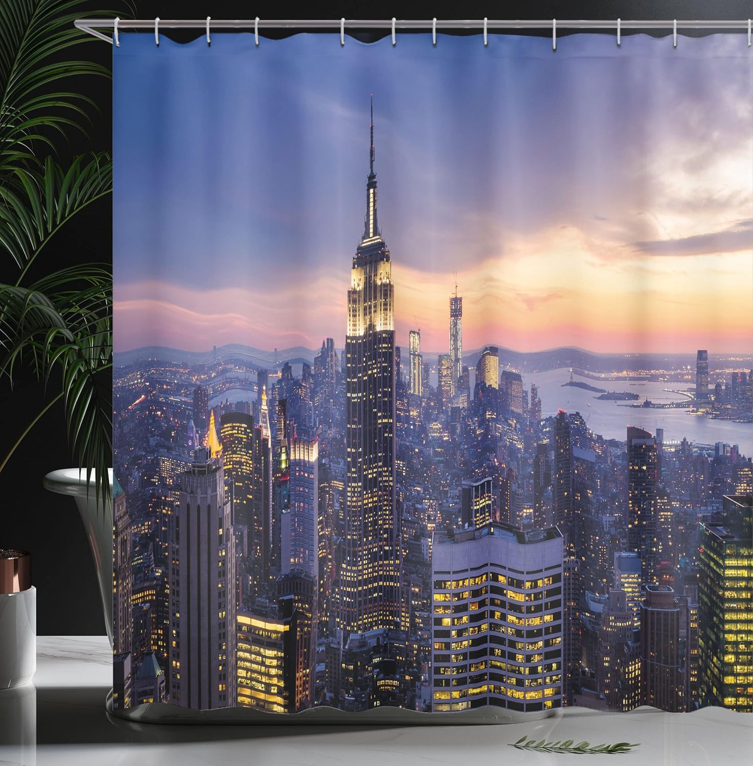 Ambesonne Modern Shower Curtain, New York City Skyline with Skyscrapers at Sunset Night American Urban Life Image, Cloth Fabric Bathroom Decor Set with Hooks, 69" W x 70" L, Orange Blue