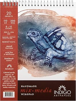 Indigo Artpapers Mixed Media Sketchbook Pad, 20 Sheets 8x10 110lb/200g | Handmade 100% Cotton Rag Mixed Media Paper, Hot Pressed Acid-Free Watercolor Paper, Multimedia Sketchbook Mixed Media Pad