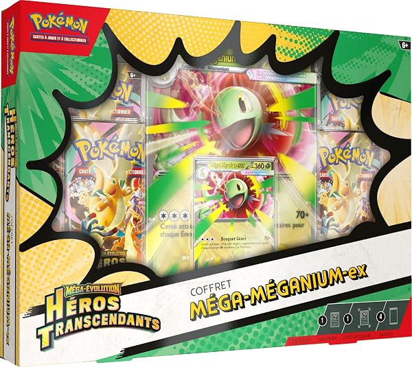 Pokémon : Coffret Méga-Évolution – Héros Transcendants – Méga-Méganium-ex (1 Carte Promo Brillante, 1 Carte Grand Format lenticulaire et 4 boosters) - 1
