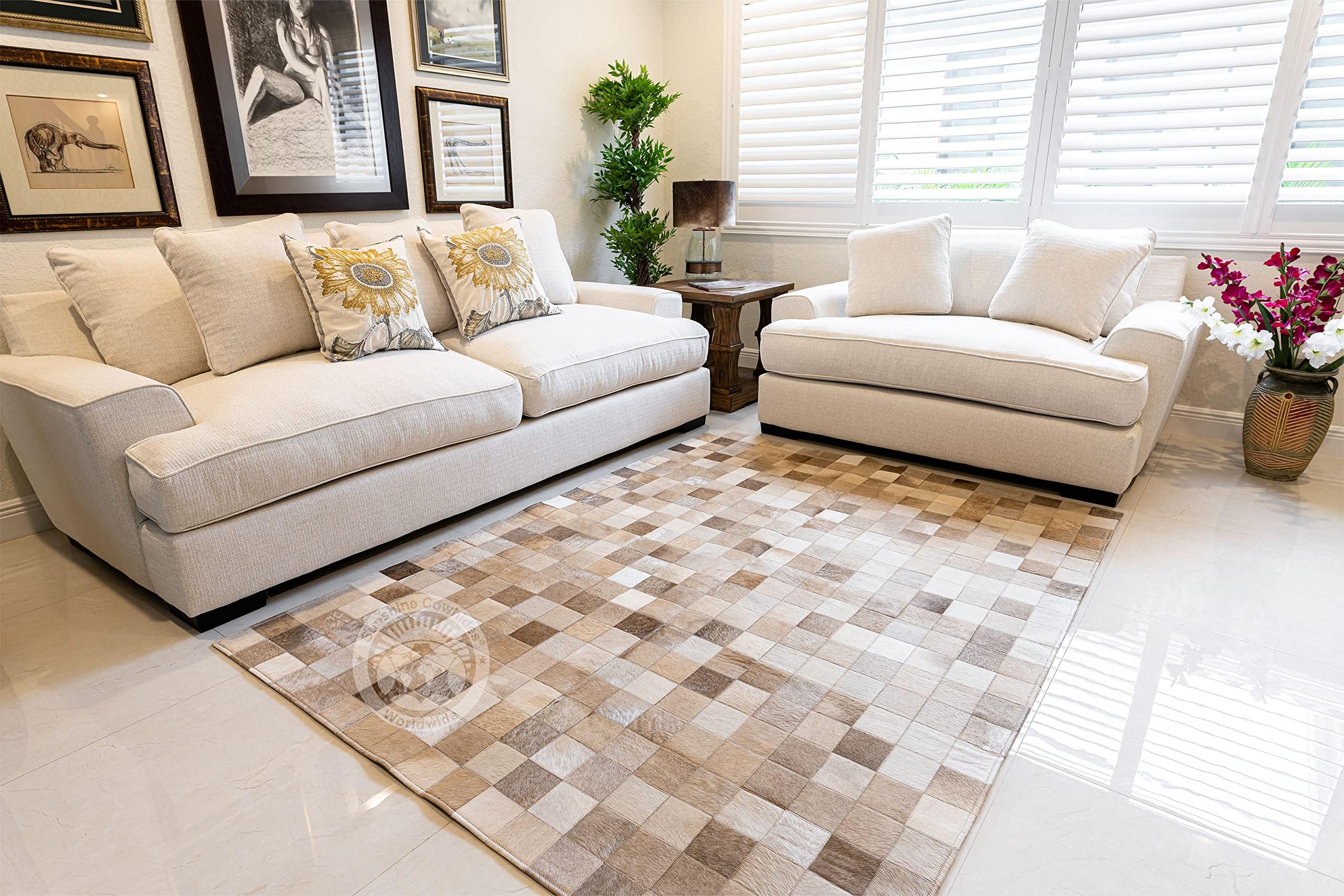 Sunshine Cowhides 100% Genuine Patchwork Cowhide Rug - Taupe-Champagne, Mosaic Design, Modern Animal Hide Rugs for Living Room, Office or Kitchen Area