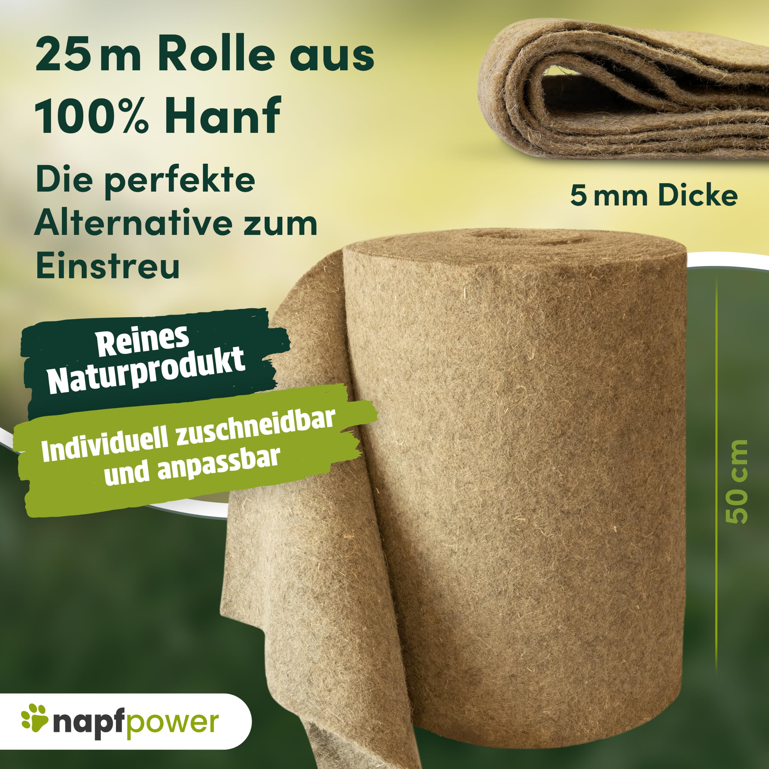Hanfmatte auf 25 Meter Rolle x 50 cm breite | 5 mm Dicker Nagerteppich aus 100% Hanf | kompostierbare Nagermatte für Kleintiere, Hasen & Meerschweinchen | Natürliche Einstreu & Käfigeinlage