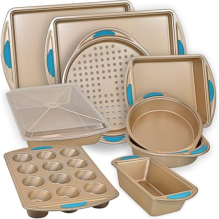 PERLLI Nonstick Bakeware Set Baking Pan Set, 10 Piece Heavy Duty Professional Kitchen Baking Pans Cookie Sheet Set Home Chef Cooking Baking Set, Gold Baking Pans with Blue Silicone Handles