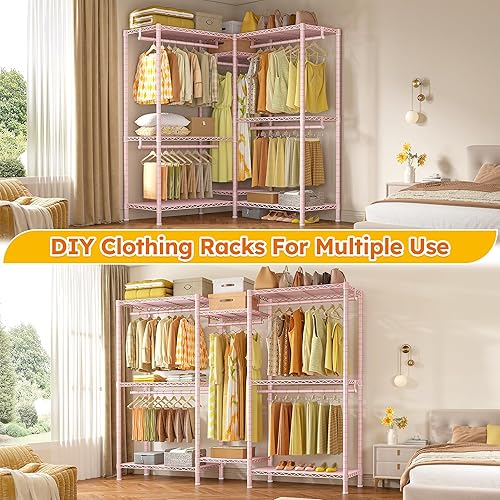 Miniatura 3 de Raybee Perchero de ropa resistente para colgar ropa, perchero ajustable con estantes, perchero con ruedas, carga máxima de 905 libras, 75 pulgadas