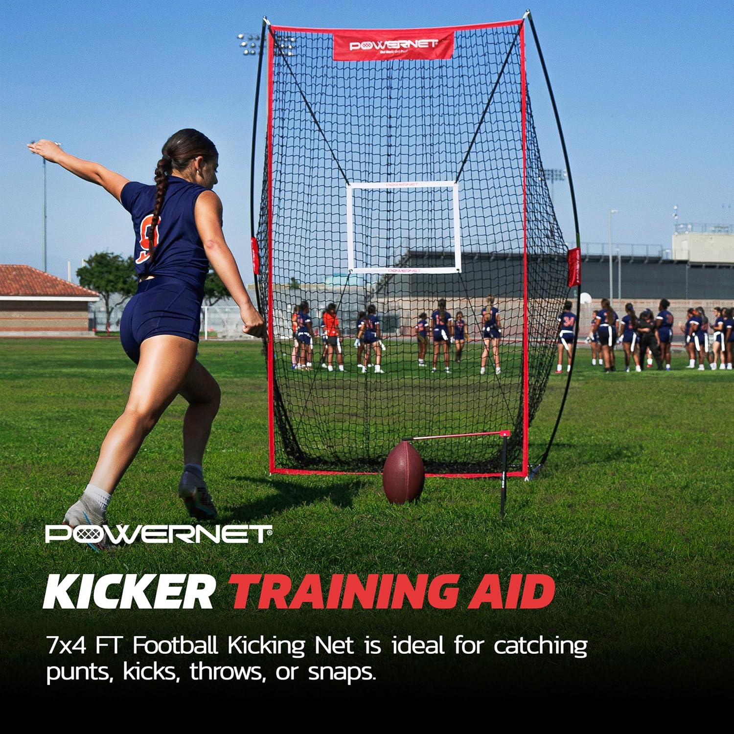 PowerNet Sideline Trainer, 7 x 4 FT Football Kicking Net for Punting Kicking Passing or Snapping, Portable Practice Equipment, Outdoor & Indoor Football Team Training Aid