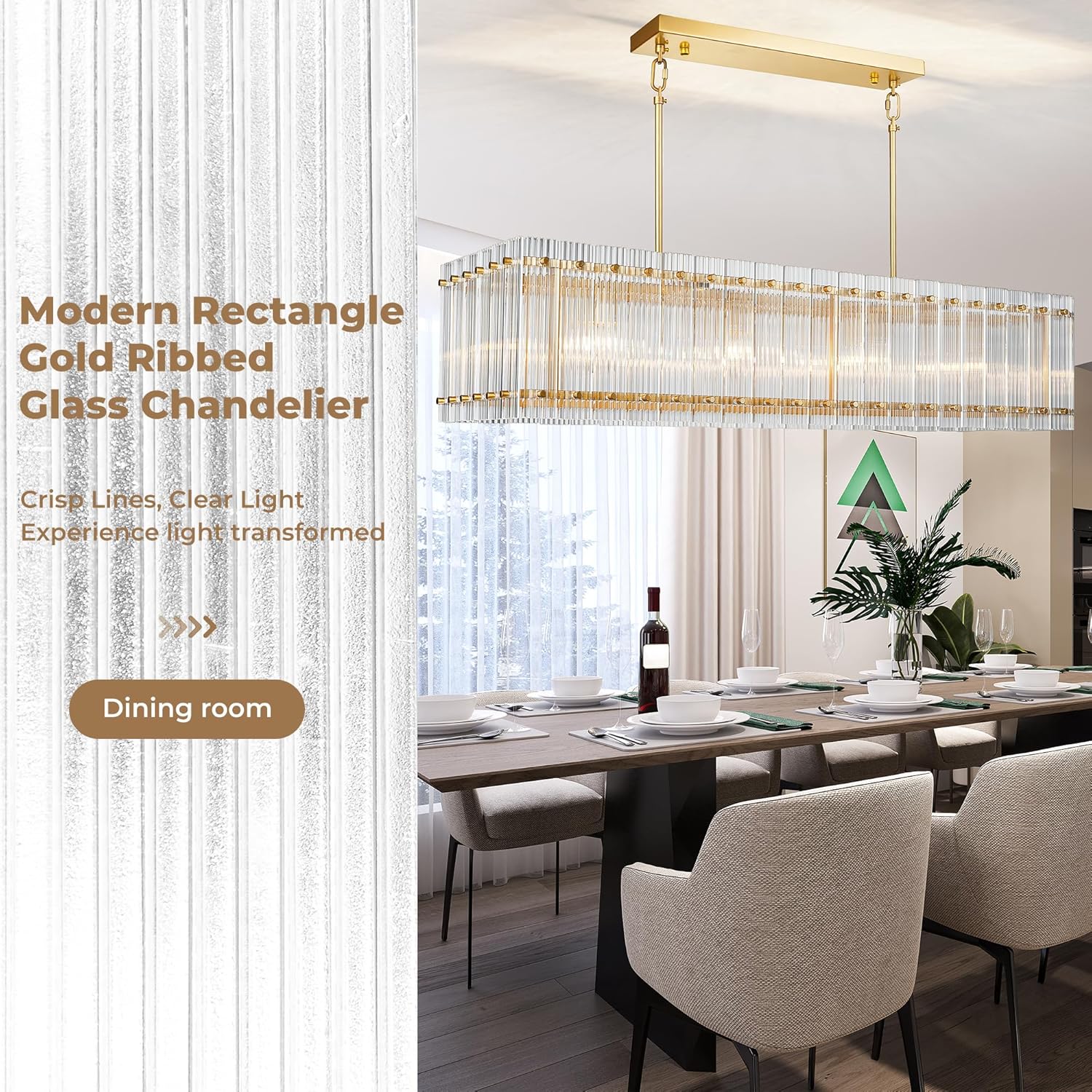 IKK Modern Rectangle Gold Chandeliers for Dining Room, 40" Ribbed Glass Island Light Fixture, Linear Farmhouse Lighting with Adjustable Height for Kitchen Island, Living Room