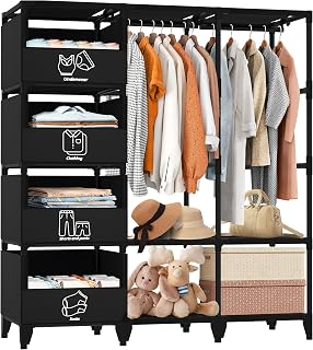JOFULER Portable Wardrobe Closet: Easy Assembly, Large Capacity with 2 Hanging Rods, 4 Shelves & 4 Labeled Baskets - Sturdy Black Organizer for Bedroom