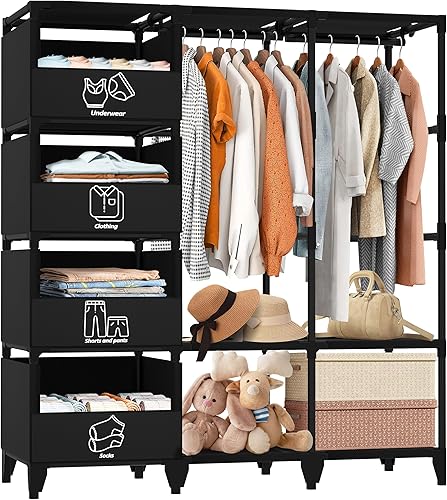 Armario portátil, fácil de montar, armario de gran capacidad, perchero resistente y estable con estantes, 4 cestas de almacenamiento y 2 varillas