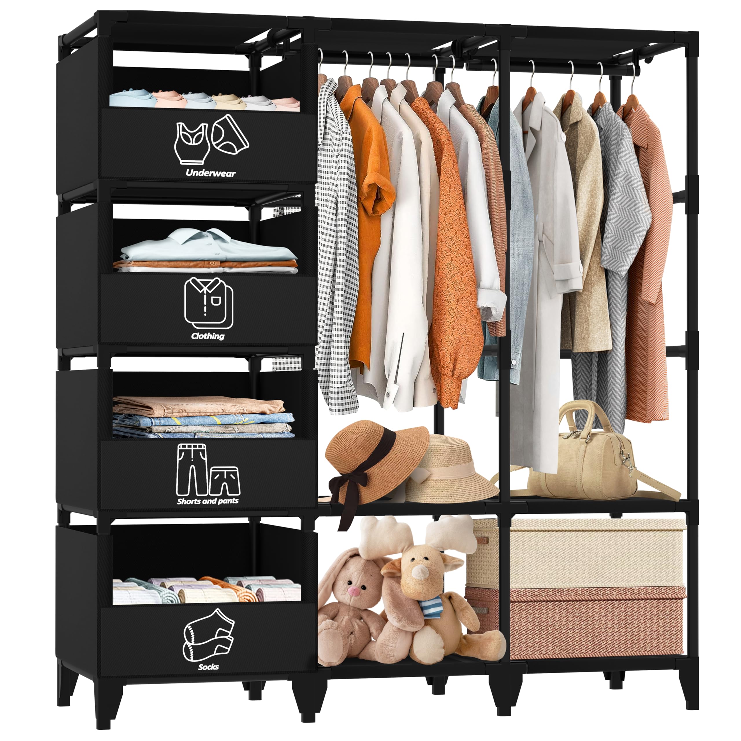 Portable Closet Easy Assembly Large Capacity Wardrobe Closet Sturdy and Stable Clothes Rack with Shelves 4 Storage Baskets