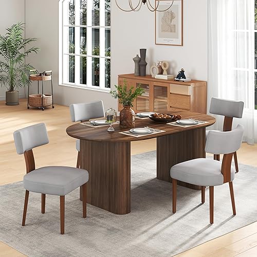 Miniatura 29 de Juego de mesa de comedor ovalada extensible de 59 a 90 pulgadas con 6 sillas de comedor con respaldo en T para 6 personas, moderna mesa de comedor